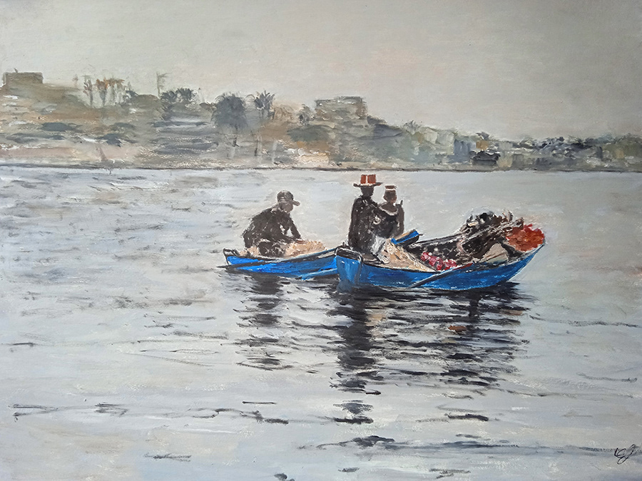 Scène nilotique, Louxor, huile sur papier, 65x50cm, mars 2023