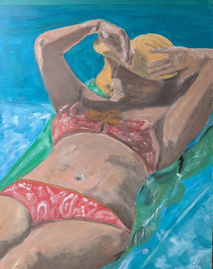 Août, Corronsac, ma cousine, sa piscine, huile sur papier cartonné, 50x65cm, octobre 2025