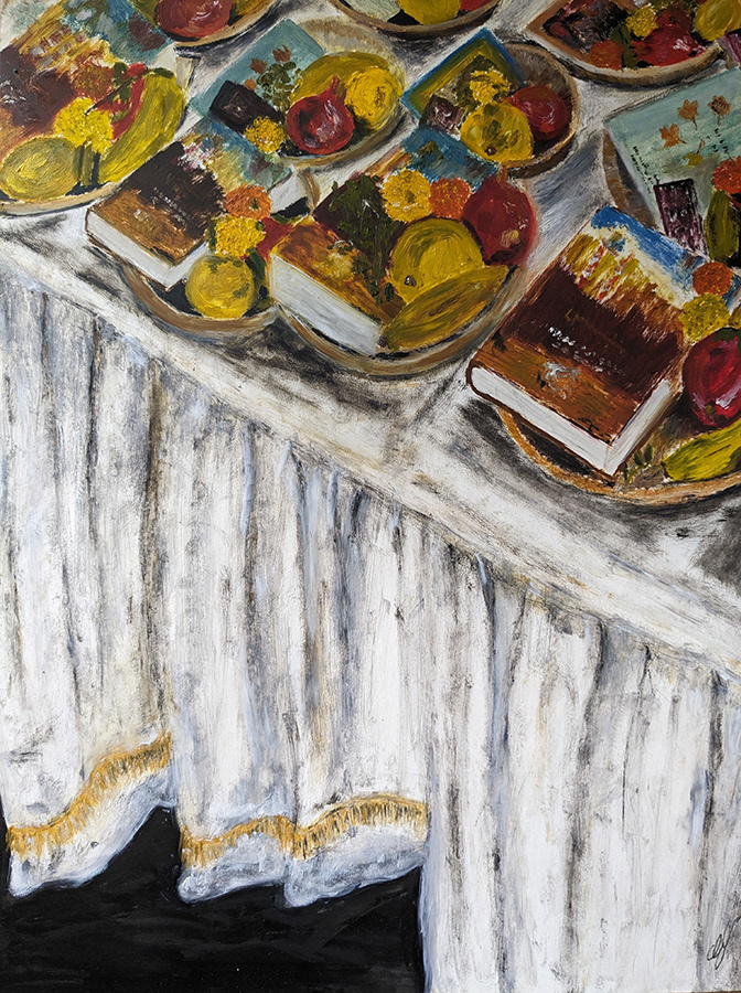 Offrandes, temple de la secte ISKCON, Mumbai, India, huile sur papier, 50x65cm, avril 2024