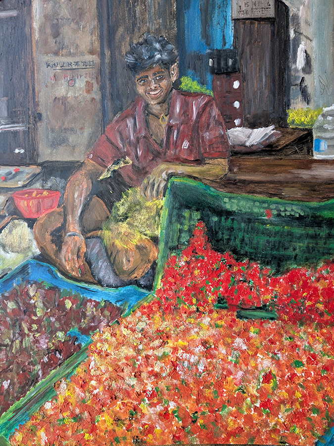 Flower Bazaar, Chennai, peinture Cobra sur papier, 55x65cm, avril 2025