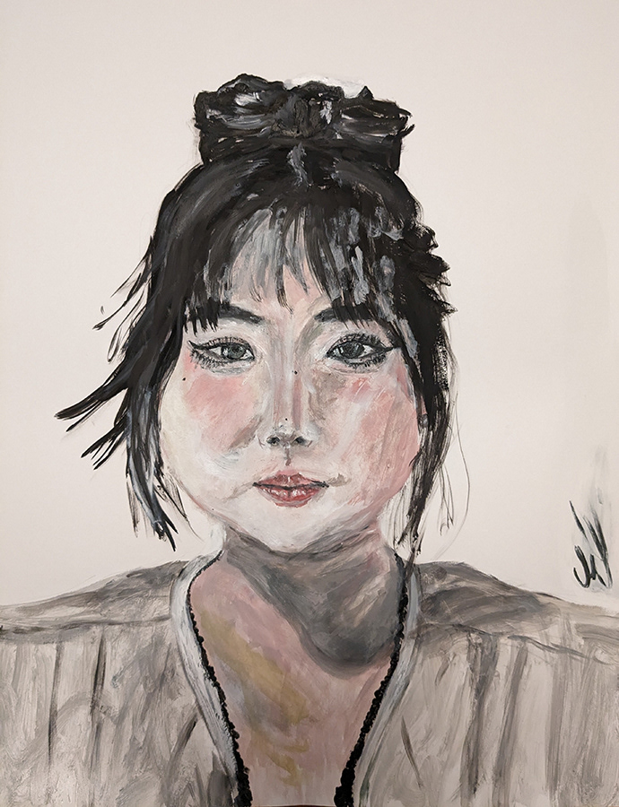 Girls 5, Nanjing, peinture Cobra sur papier, 50x65cm, décembre 2023