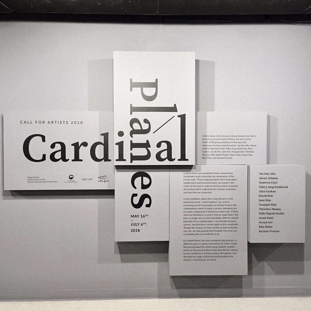 View of the Cardinal Planes exhibition, Korean Cultural Center of New York, 2018