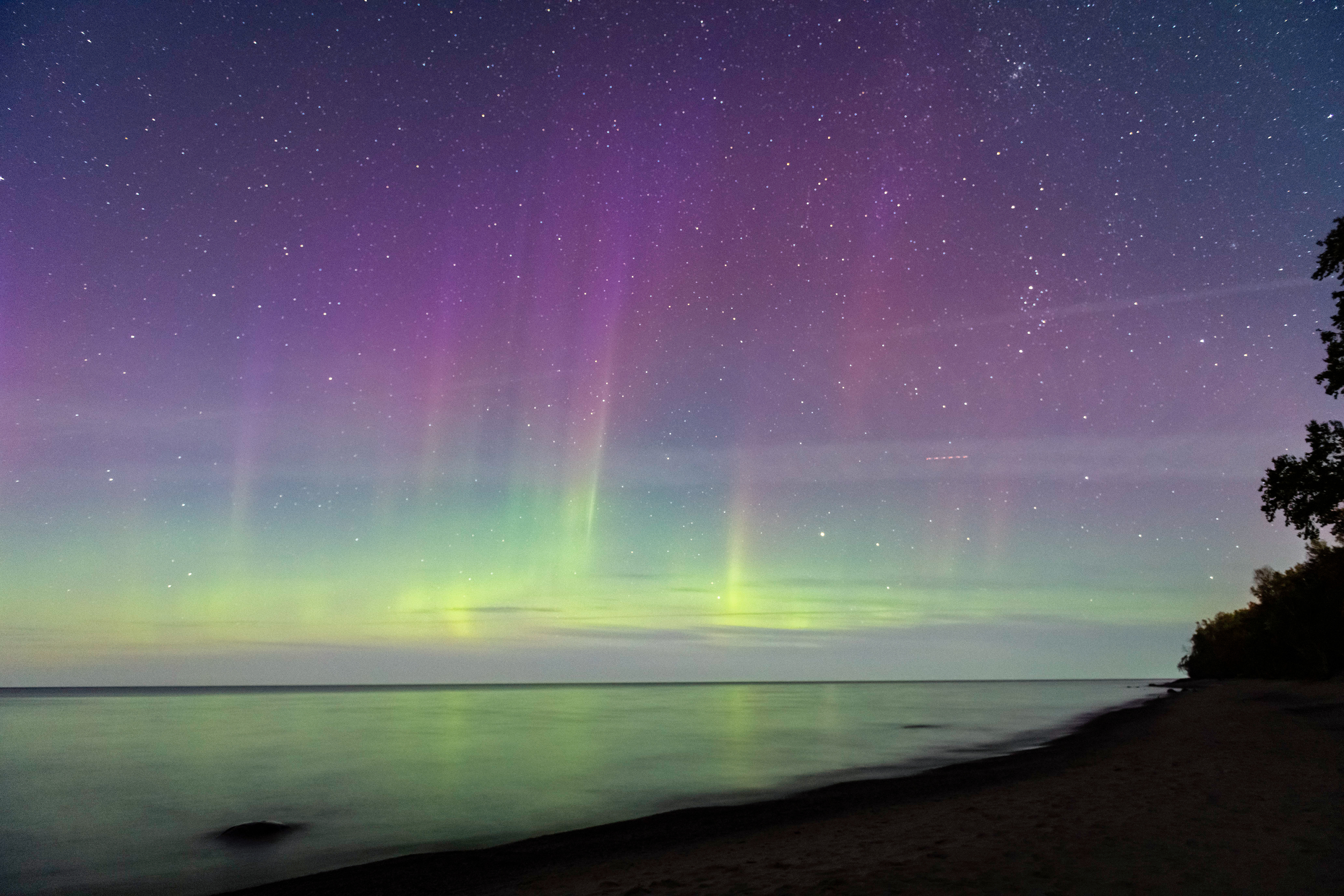 Aurora borealis over Lake Superior and Pictured Rocks Nat'l Lakeshore