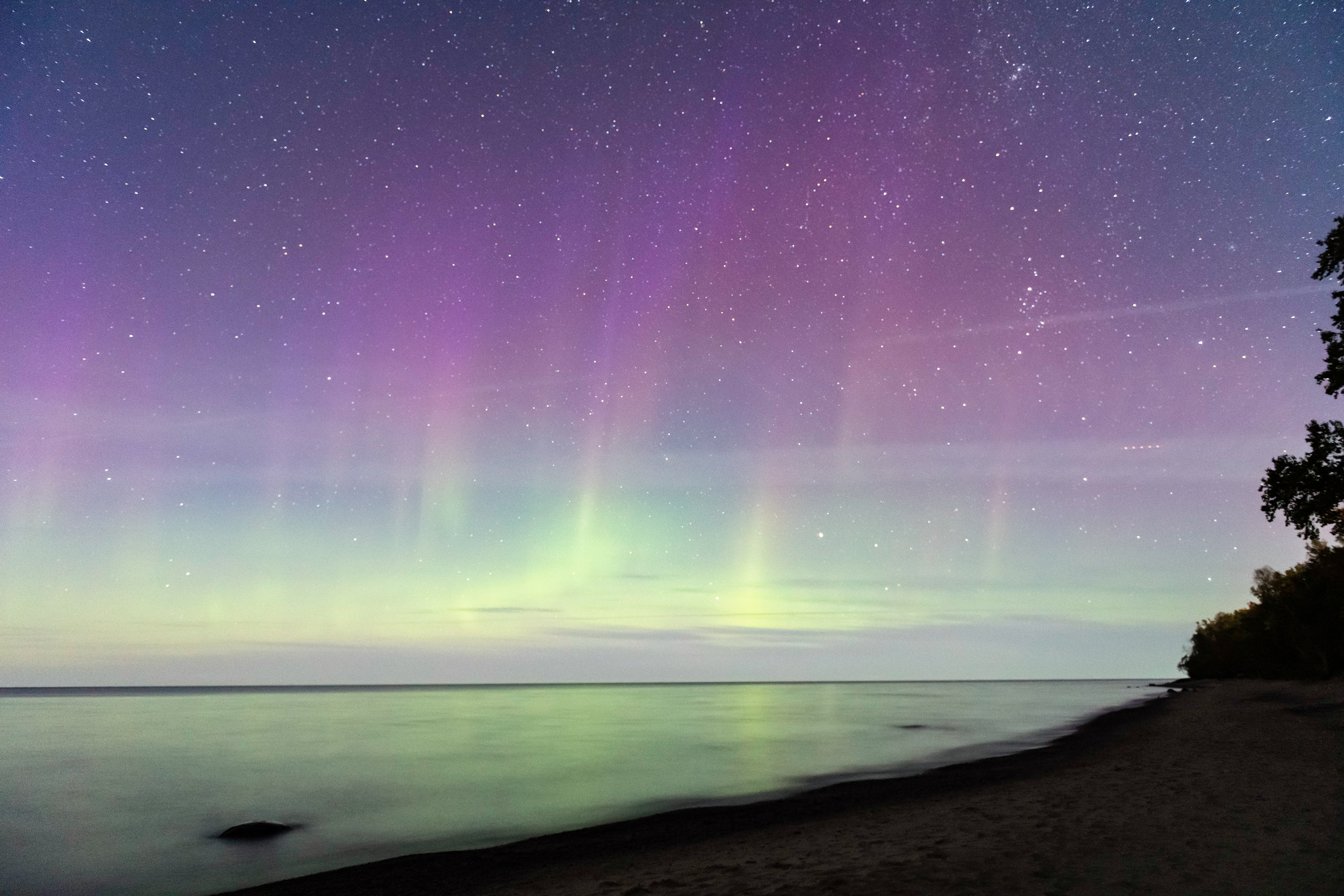 Aurora borealis over Lake Superior and Pictured Rocks Nat'l Lakeshore