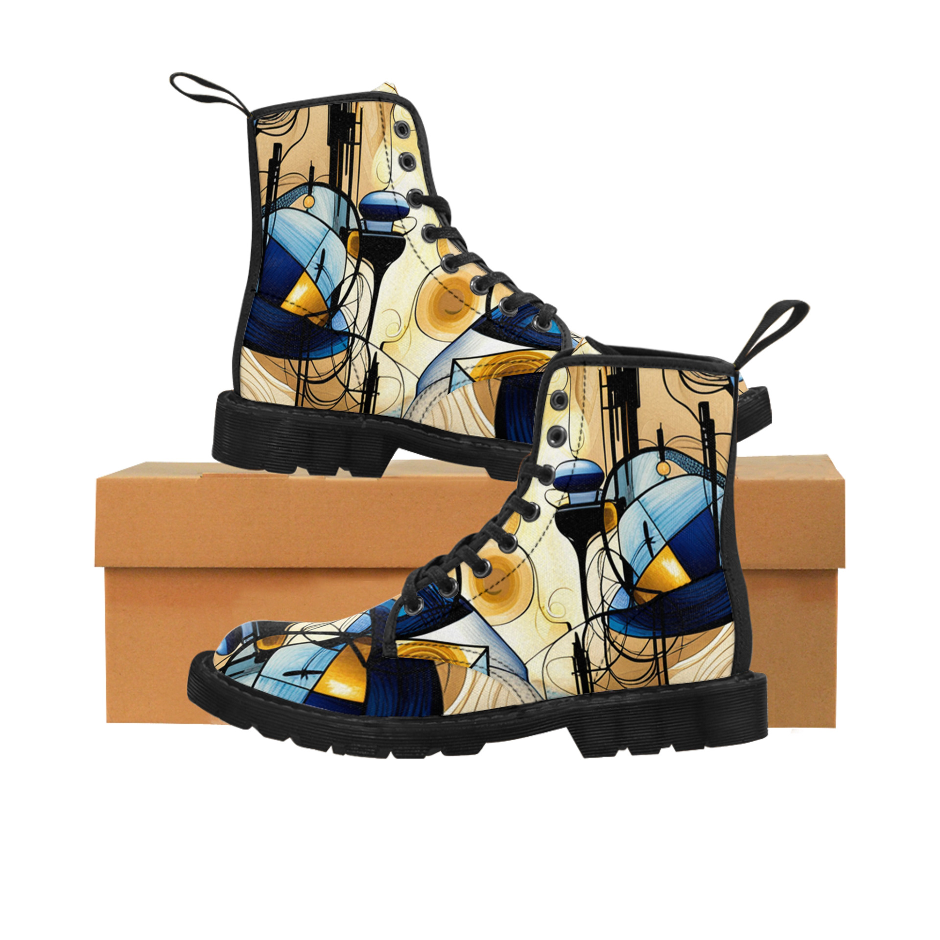 Women's Canvas Boots - Like Martens - Blue Beige Gold Abstract