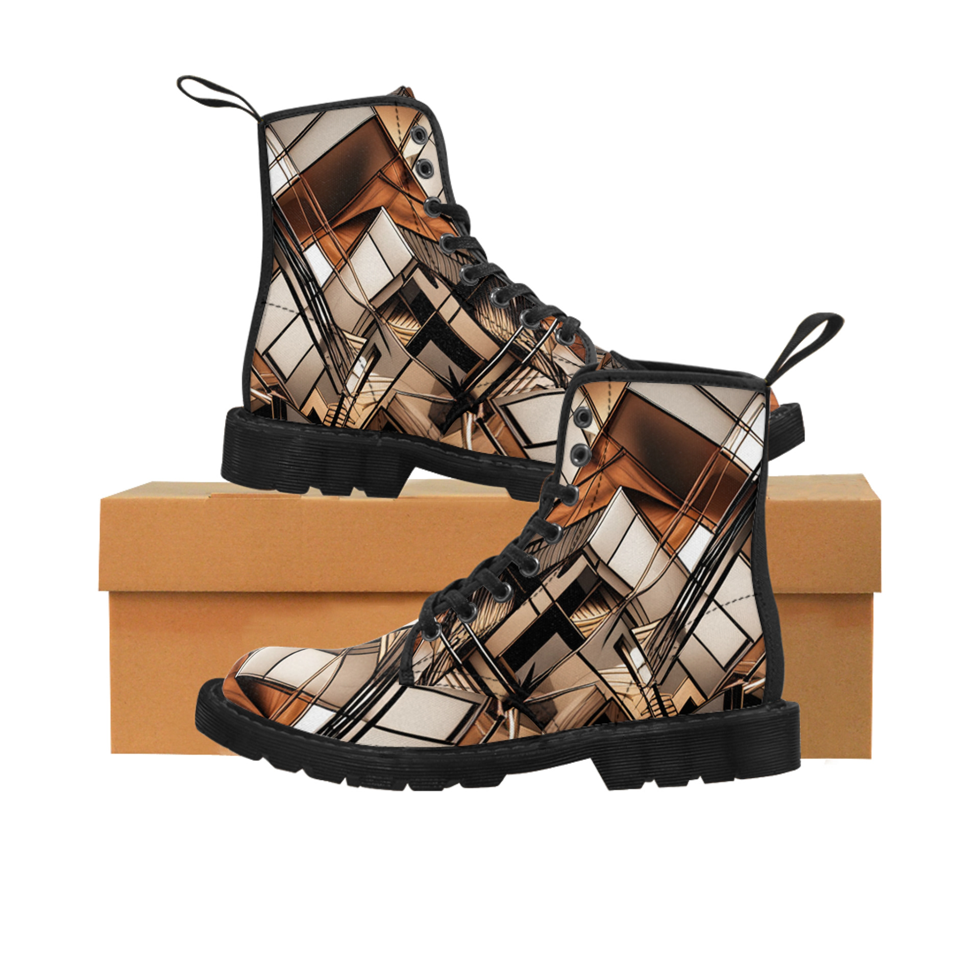 Women's Canvas Boots - Like Martens - Brown Beige Grey Abstract