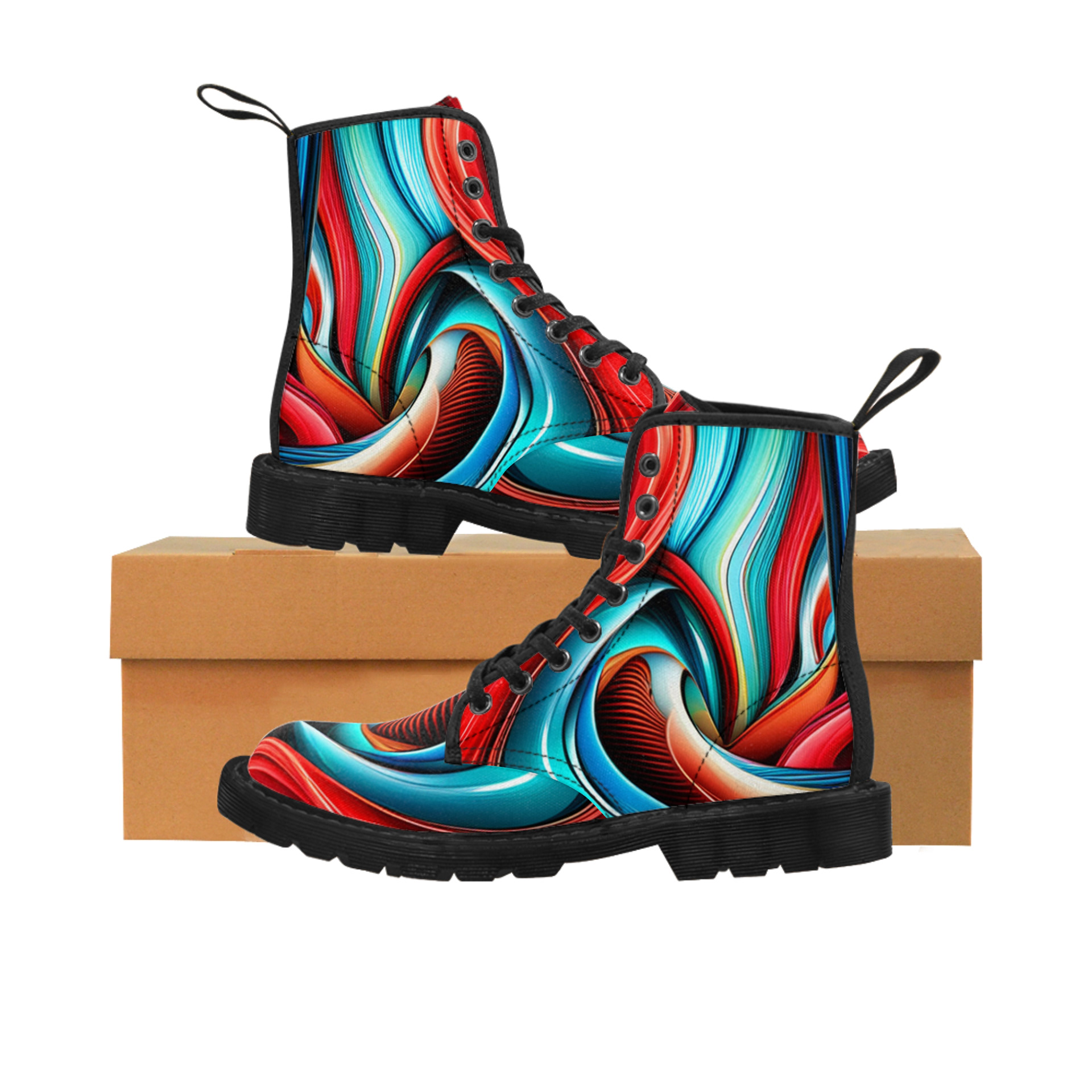 Women's Canvas Boots - Like Martens - Red Blue Turquoise Abstract