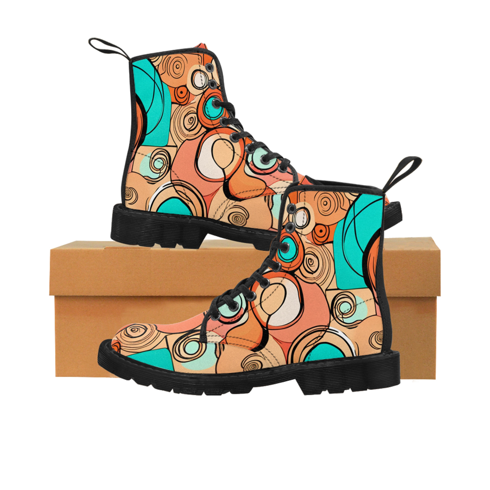 Women's Canvas Boots - Like Martens - Peach Turquoise Green Abstract
