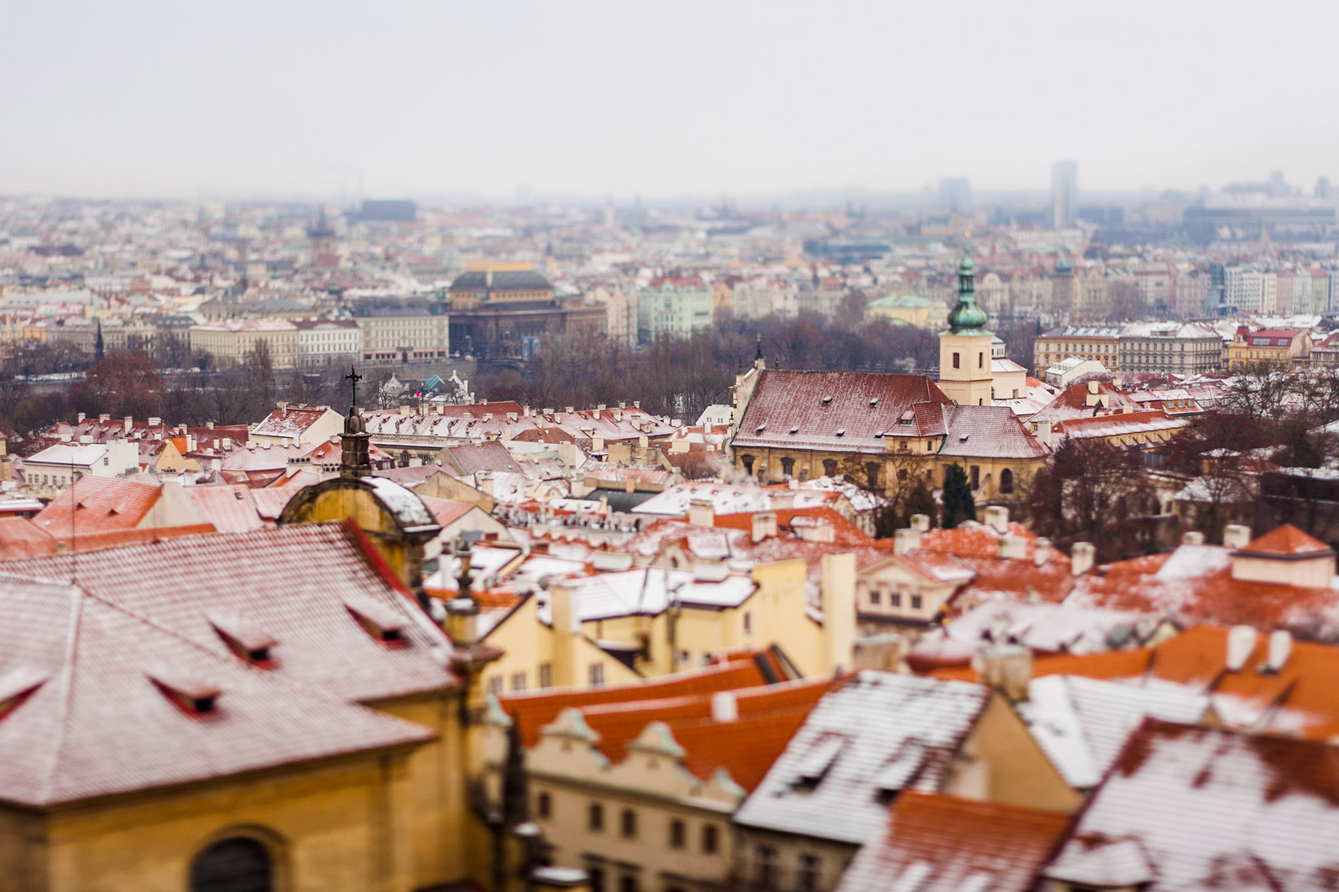 Prague rooftops in winter in Czech Republic.