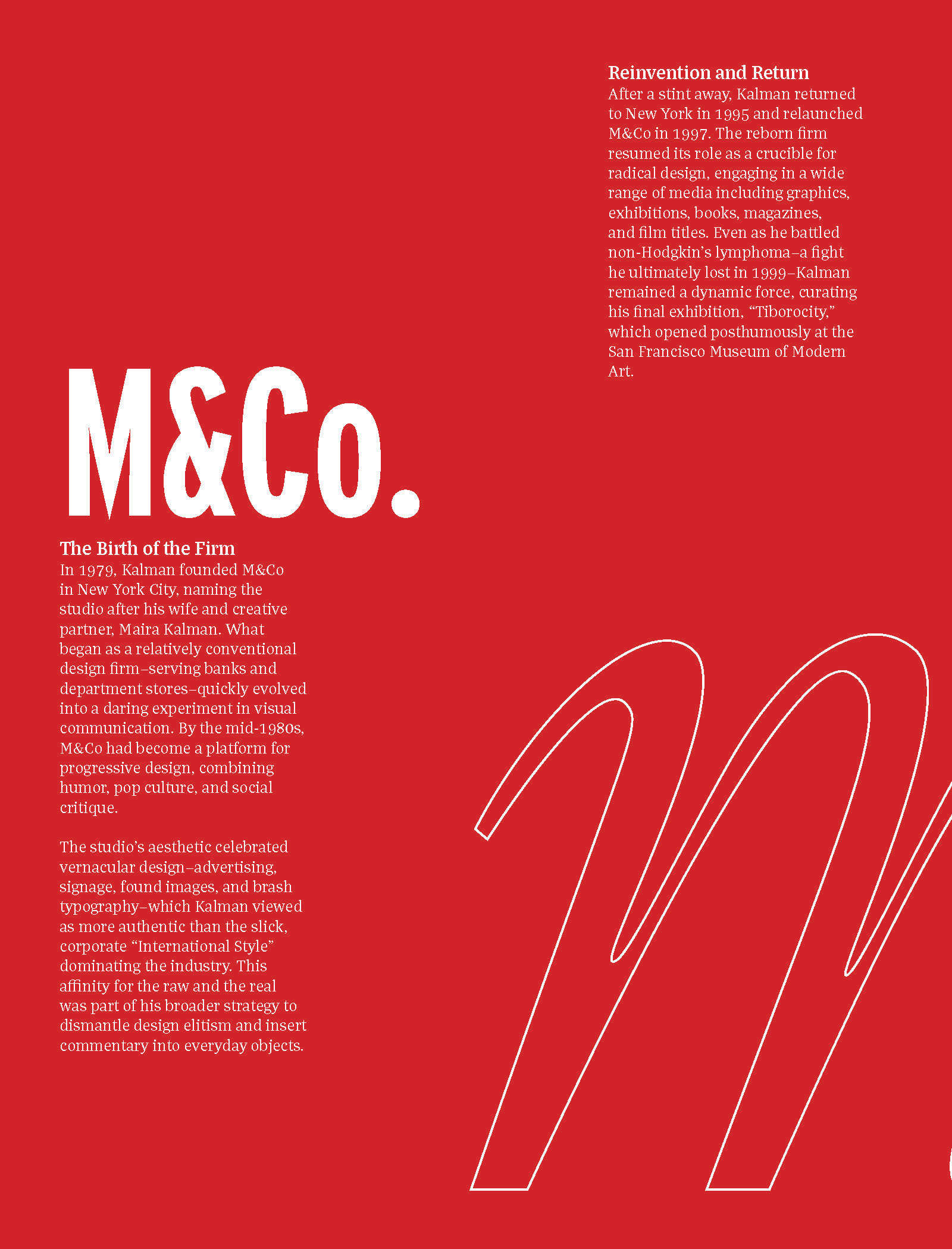 I used Adobe Illustrator to vectorize the "M", a logotype used in M & Co. products, and played around with how to use it as a primary design element of the spread. In this initial version, focus was on how it changed fill from one page to the next, but I moved away from this idea because it felt disjointed.