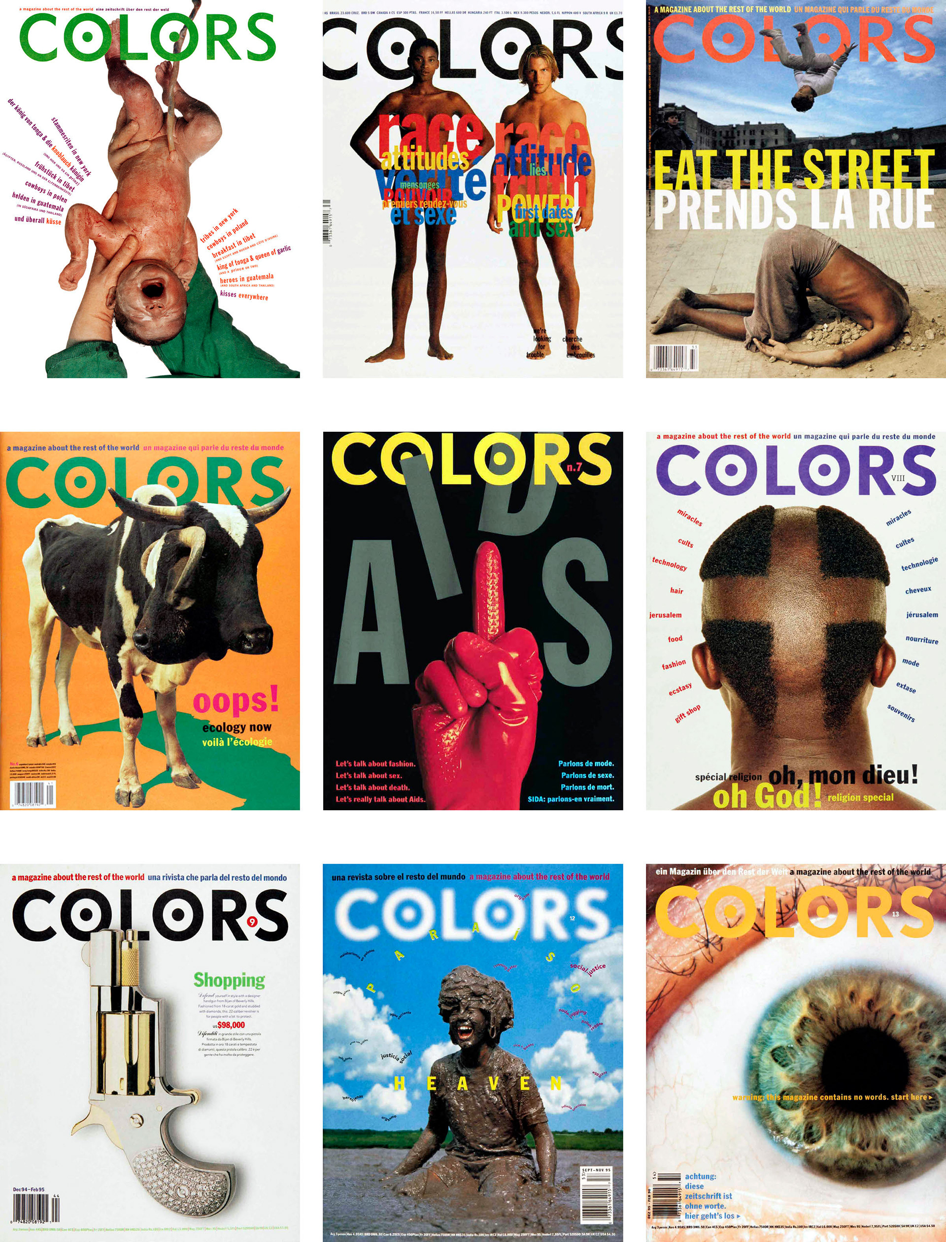 To exhibit the serial design of the Colors magazine, I displayed a selection of covers in a 3x3 grid.