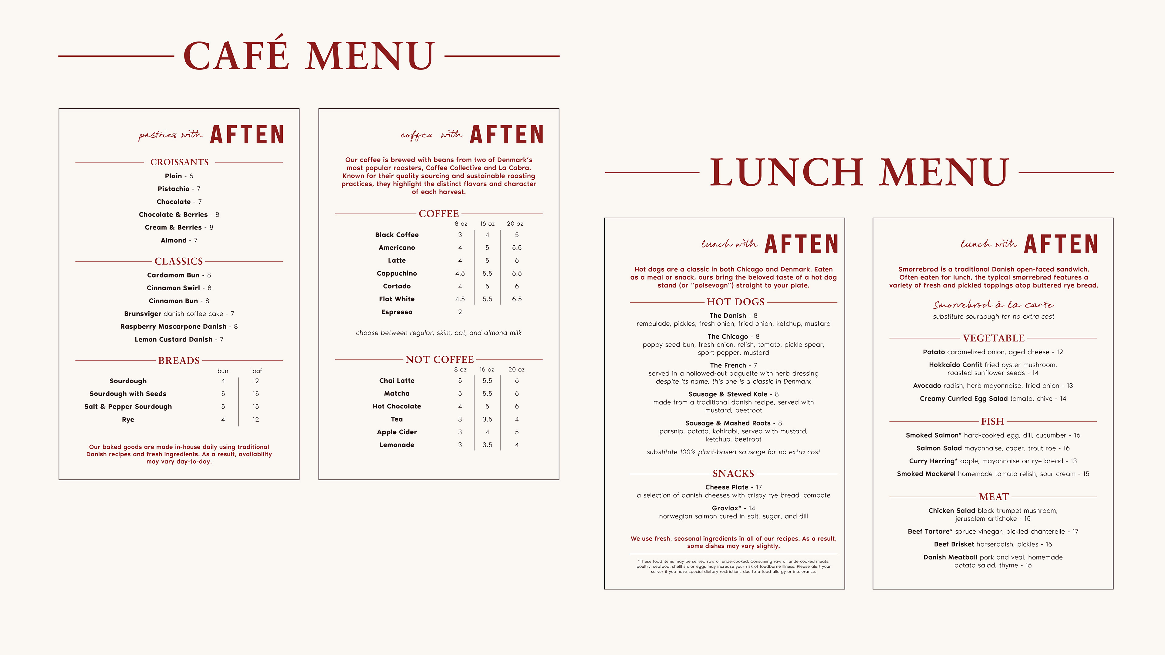 Cafe and Lunch menus