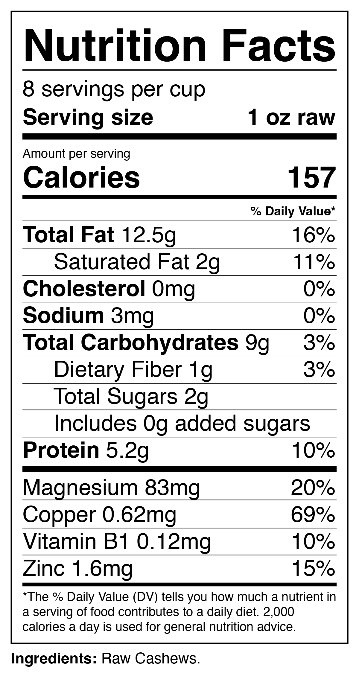 Cashew Nutrition Label