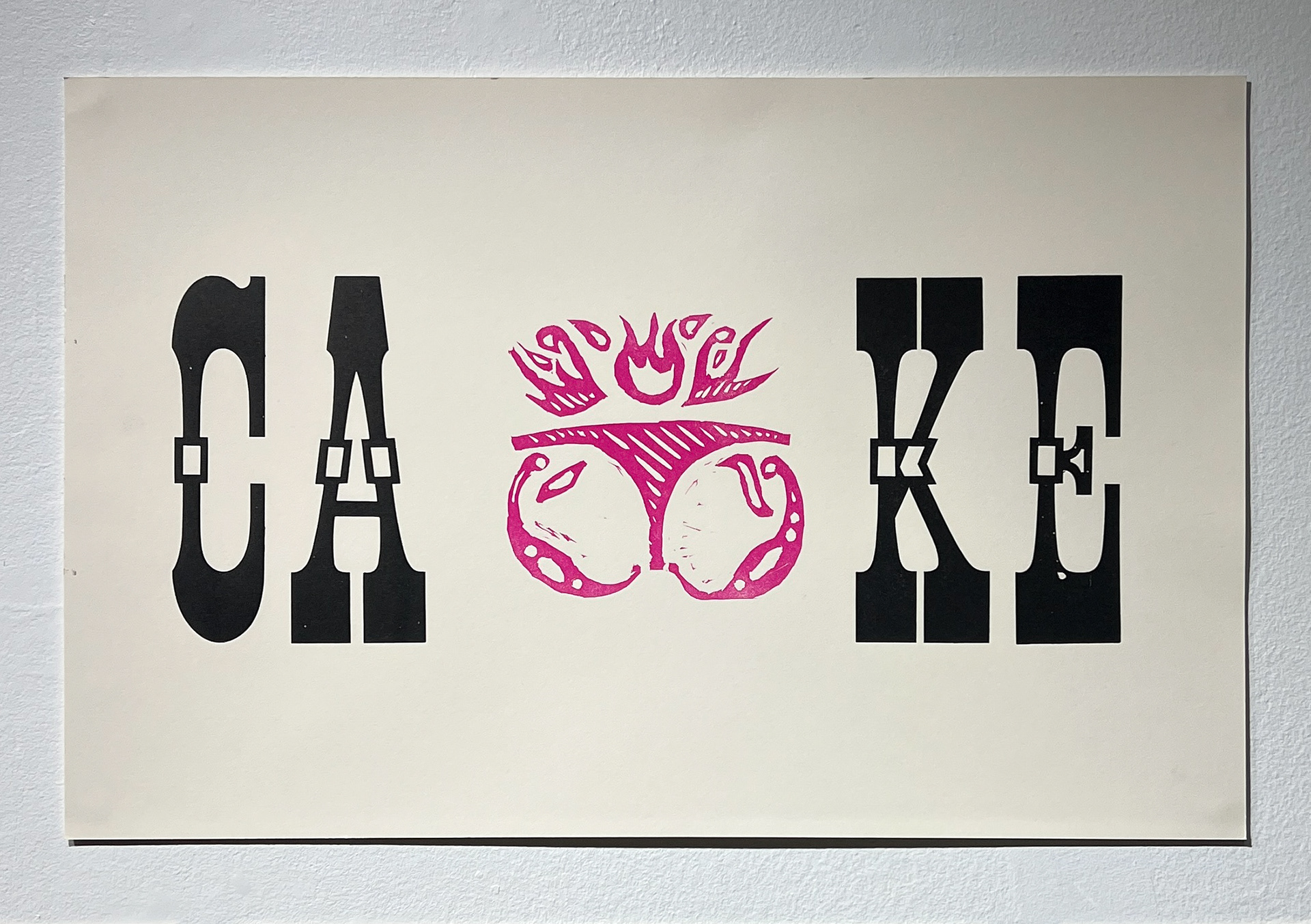 'flaming cake' lino x wood type