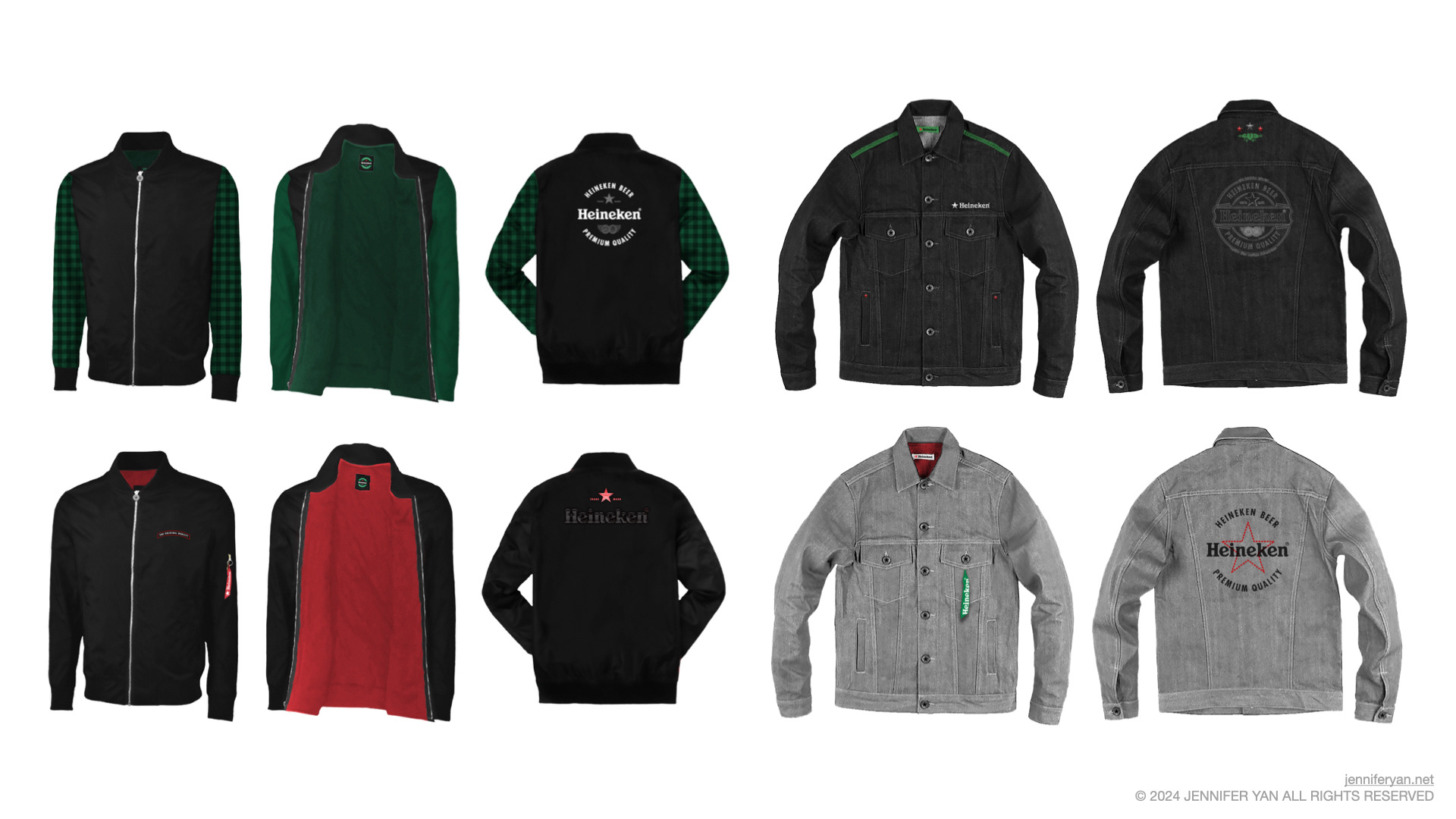 Grid of Heineken branded jacket product renders