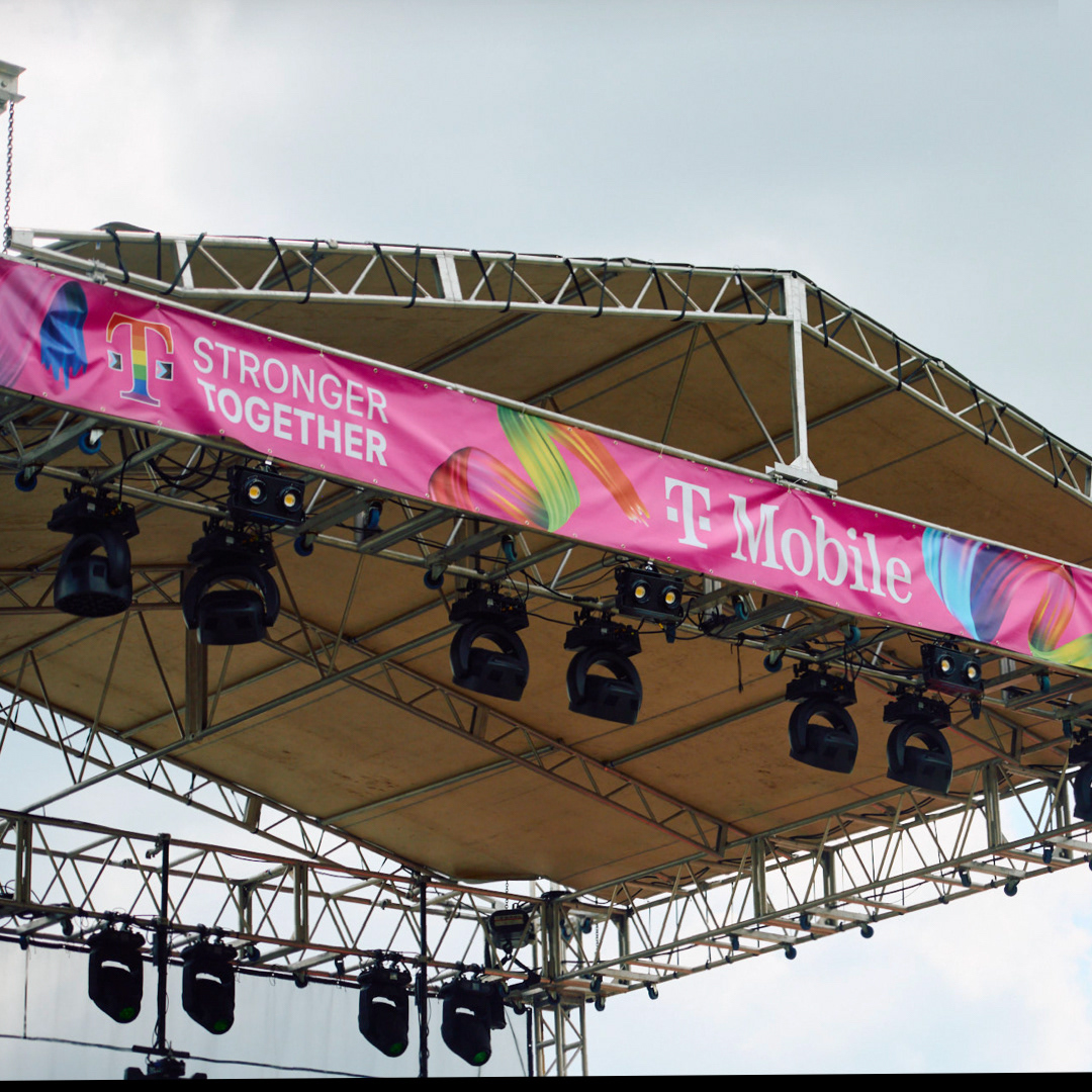 Aerial rigging truss with Stronger Together banner