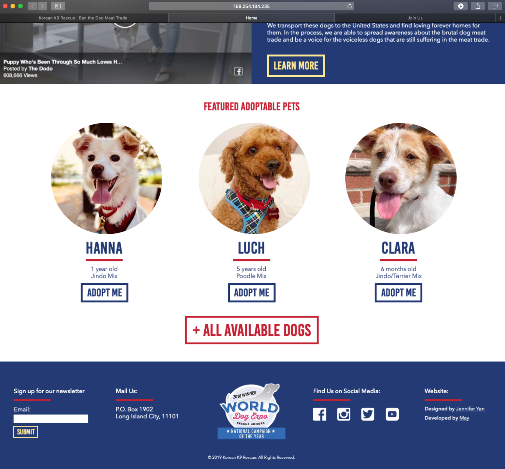 Korean K9 Rescue featured adoptable pets page mockup