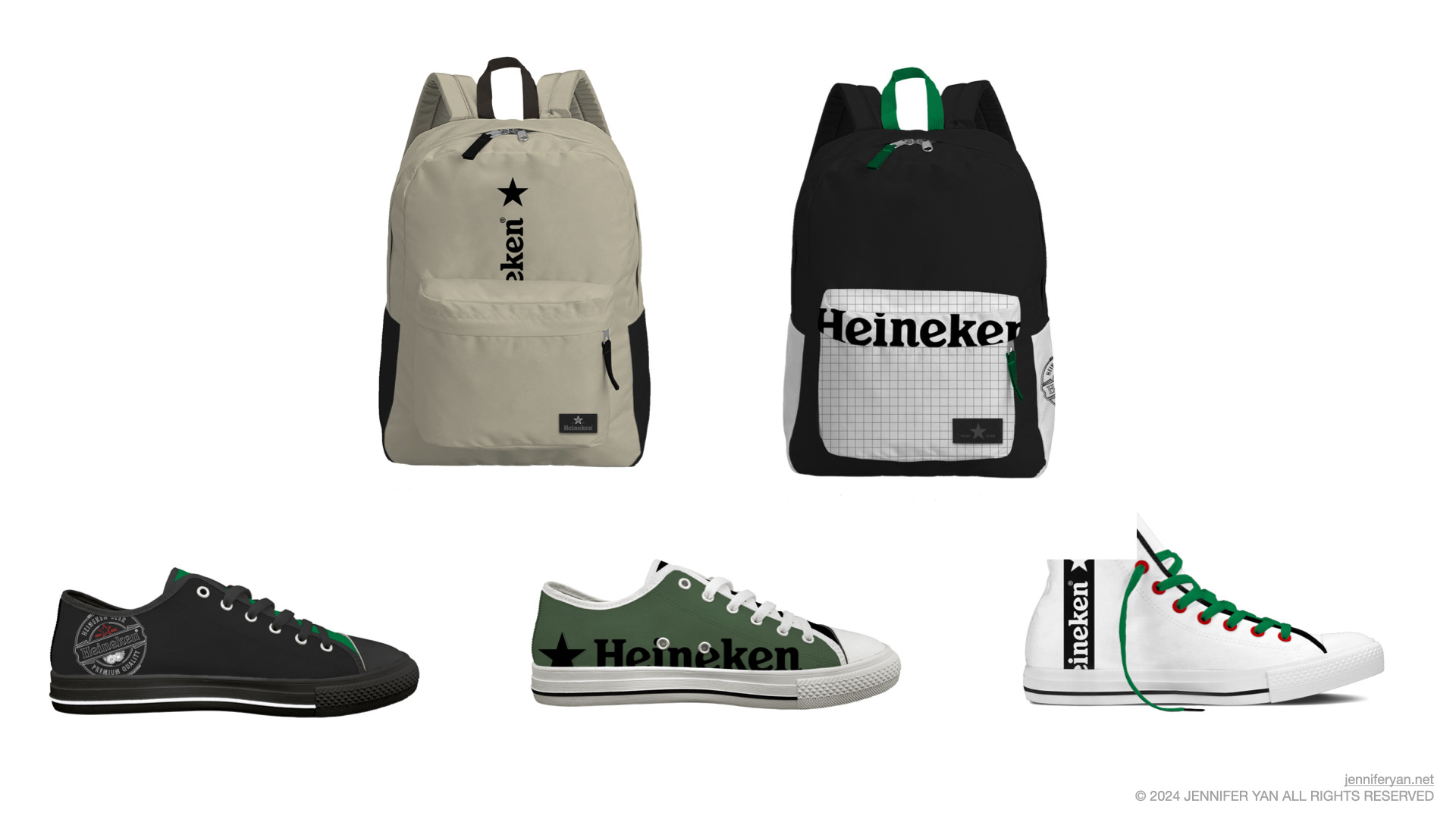 Grid of Heineken branded backpack and sneaker renders