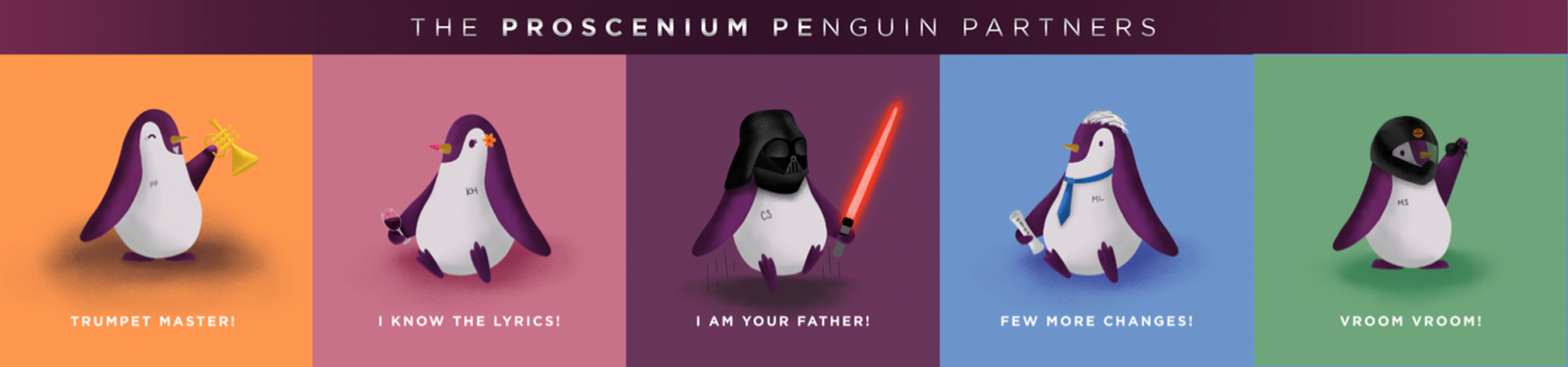 Proscenium Penguin Partners illustrated character strip