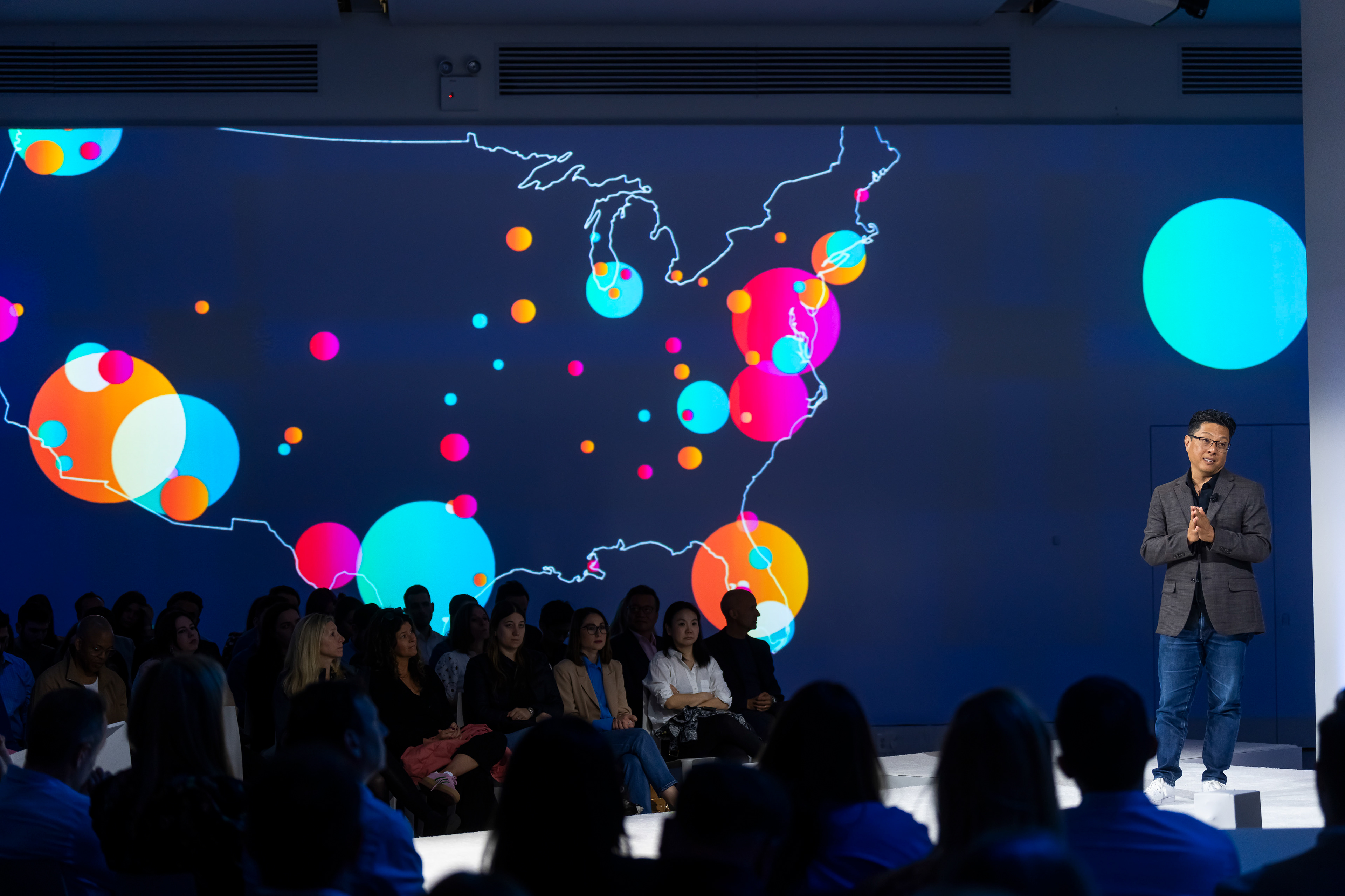 Presentation slide with a glowing US map data visualization