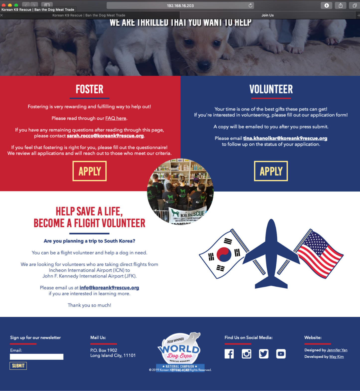 Korean K9 Rescue foster and volunteer page mockup
