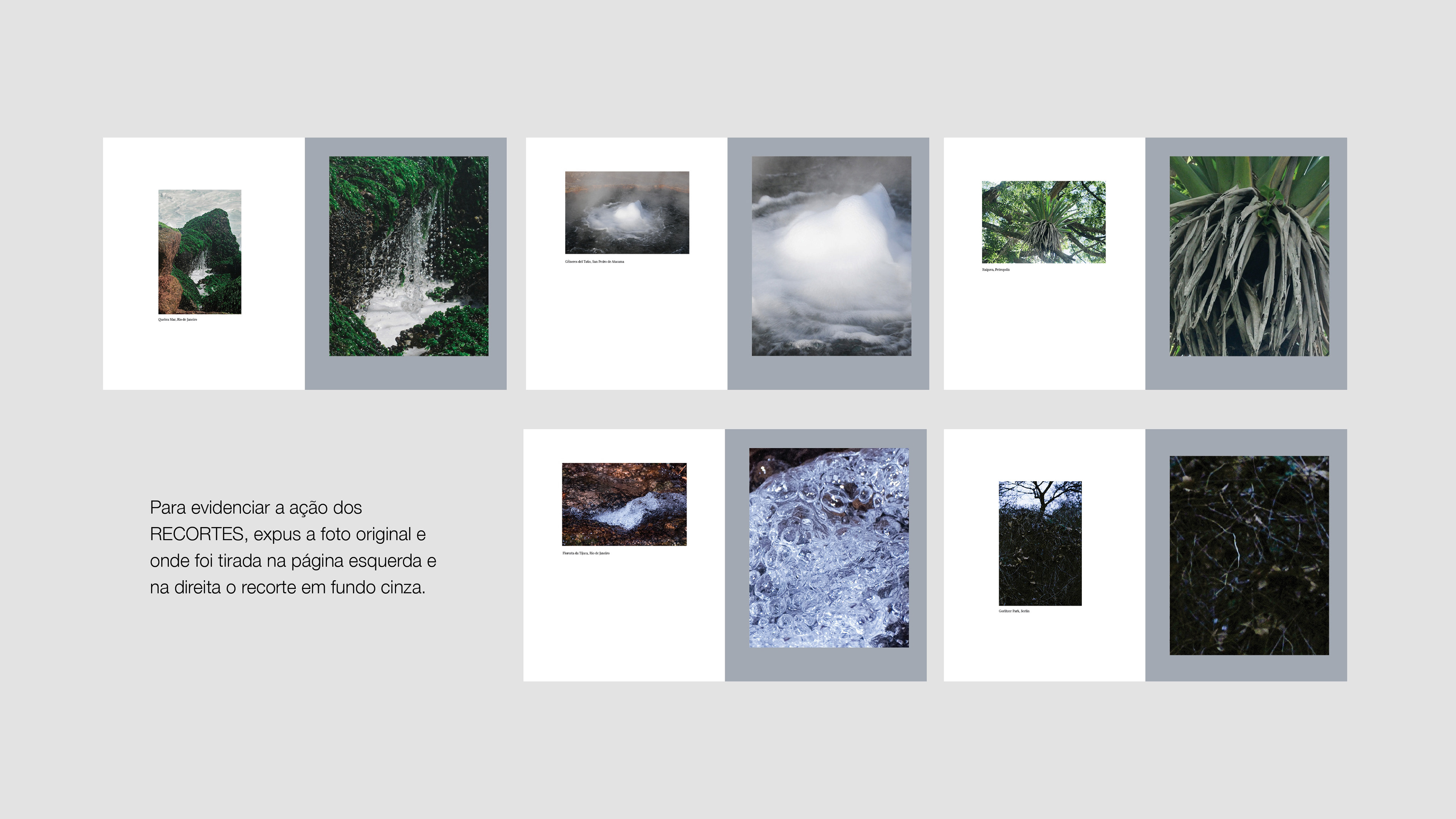 To highlight the act of CUTTING, I displayed the original photo and where it was taken on the left page, and on the right, the cutout on a grey background.