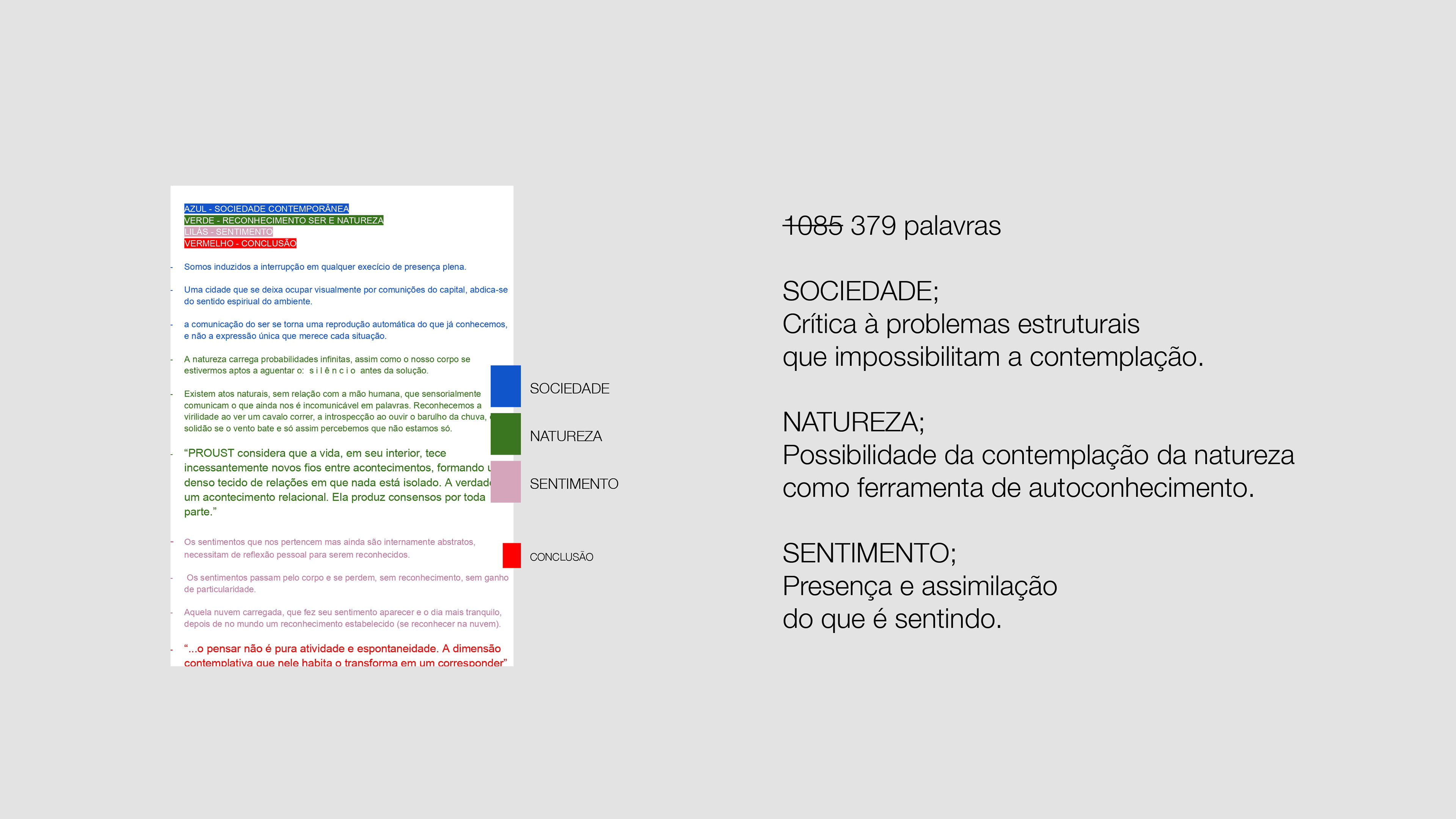 SOCIETY: Critique of structural problems that hinder contemplation.  NATURE: Possibility of contemplating nature as a tool for self-knowledge.  FEELING: Presence and assimilation of what is felt.