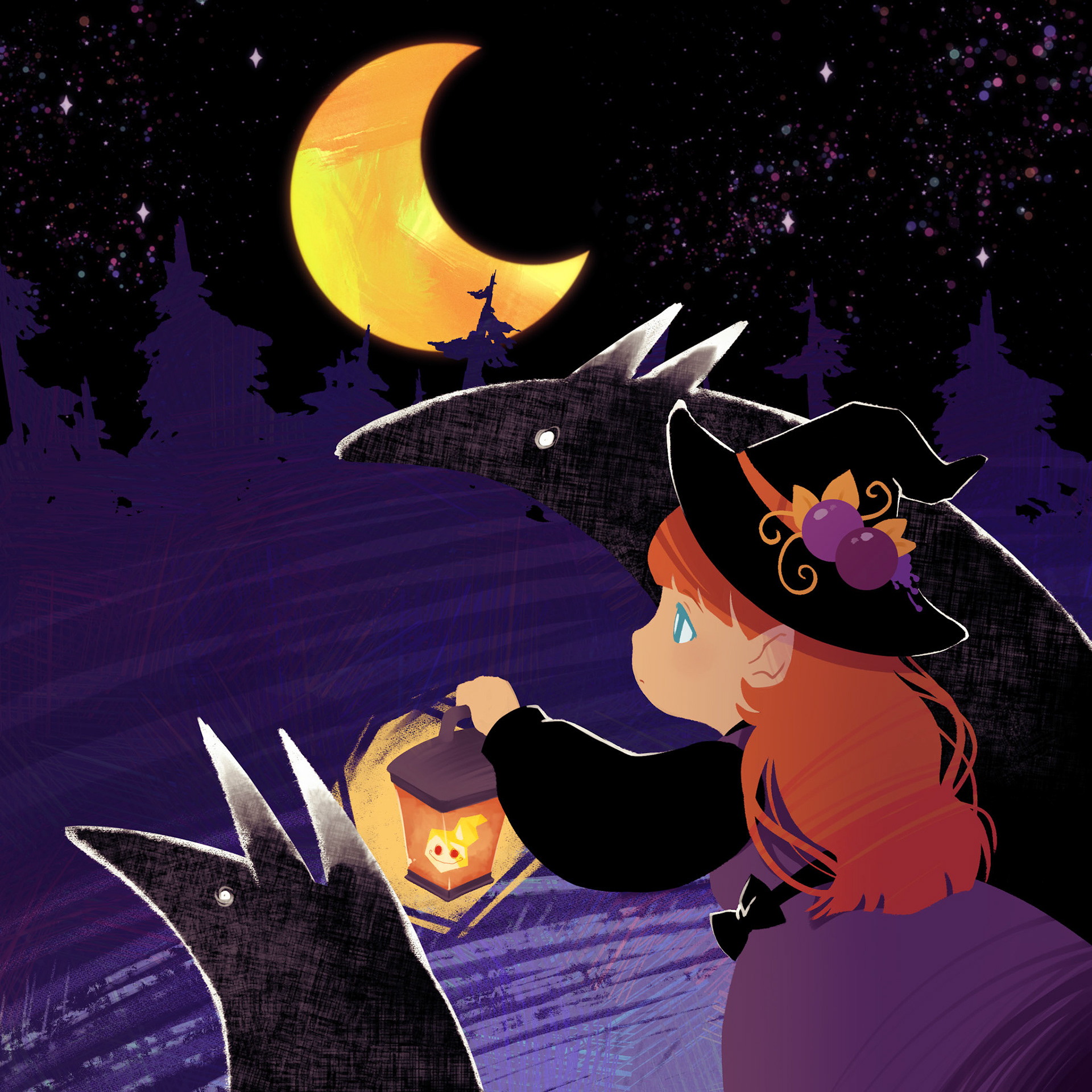 Harvest Moon (Digital, 2022), Illustration done as part of an experiment in foreground figures, with my favorite combination being kept.