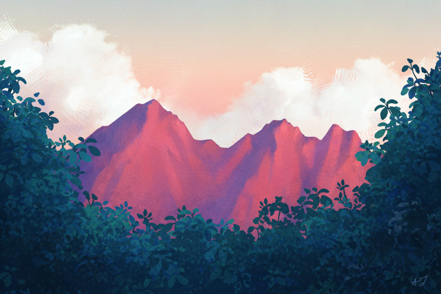 Peachy Sunset (Digital, 2022), Painting of the sunset hitting a row of mountains in Alaska during the summer.