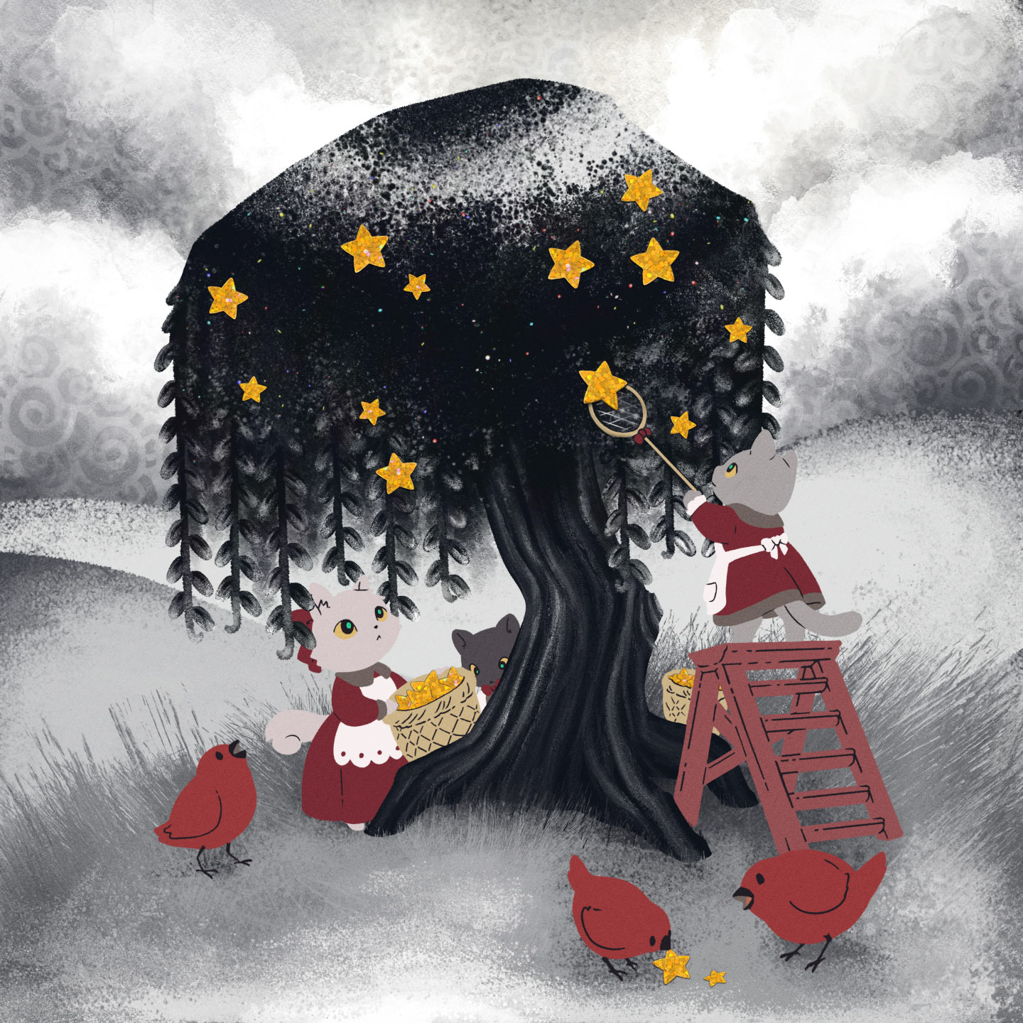 Seeds Marked for the Cosmos (Digital, 2024), Inspired in part by Carmen Giménez Smith's poem Only a Shadow, this illustration features stars being harvested from a tree as if they were fruit. Those harvesting it are a trio of cats dressed in red, and similarly red birds poke at stars that have fallen off the tree and scattered on the ground. The stars themselves look like glittery gold stickers.