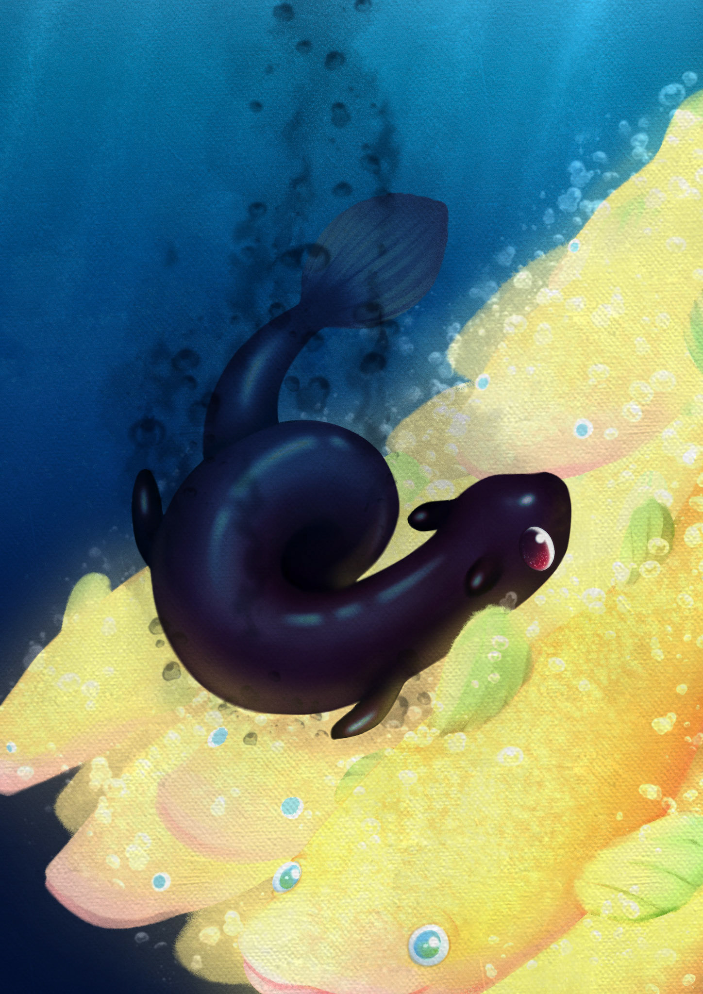 A Body of Water Filled with Black Ink (Digital, 2022), Illustration drawn for fun, featuring an inky water cryptid up against a school of golden fish. Title is a lyric from the Judgehydrogen song "A body of Water".