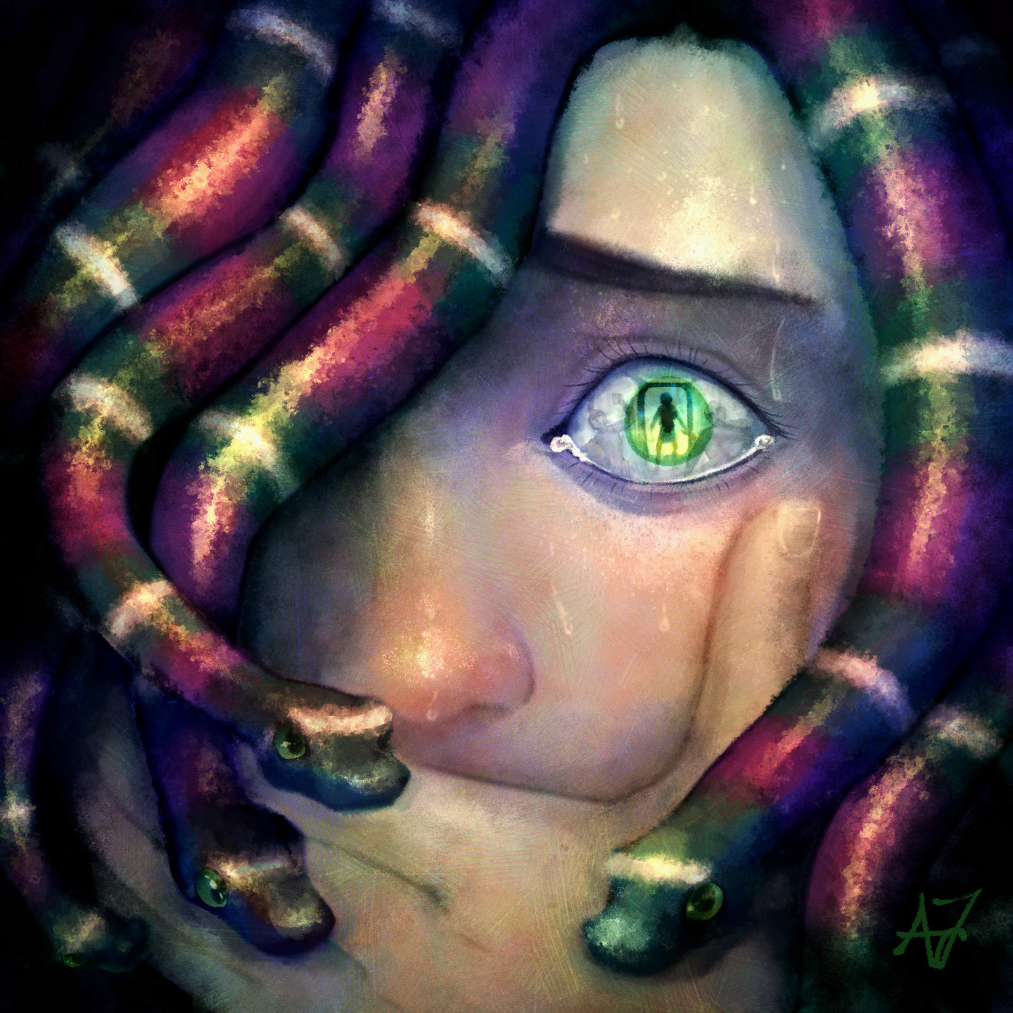 Medusa's Mirror (Digital, 2024), Based off the Greek myth of Medusa, this illustration focuses on her eyes; in them we can see the reflections of the "heroes" that were sent to hunt her down. What little is shown of her face is a mix of sadness and terror. The coloration on snakes that make up her hair is based off the Milksnake, a non-venomous snake that is frequently mistaken for the more dangerous coral snake.