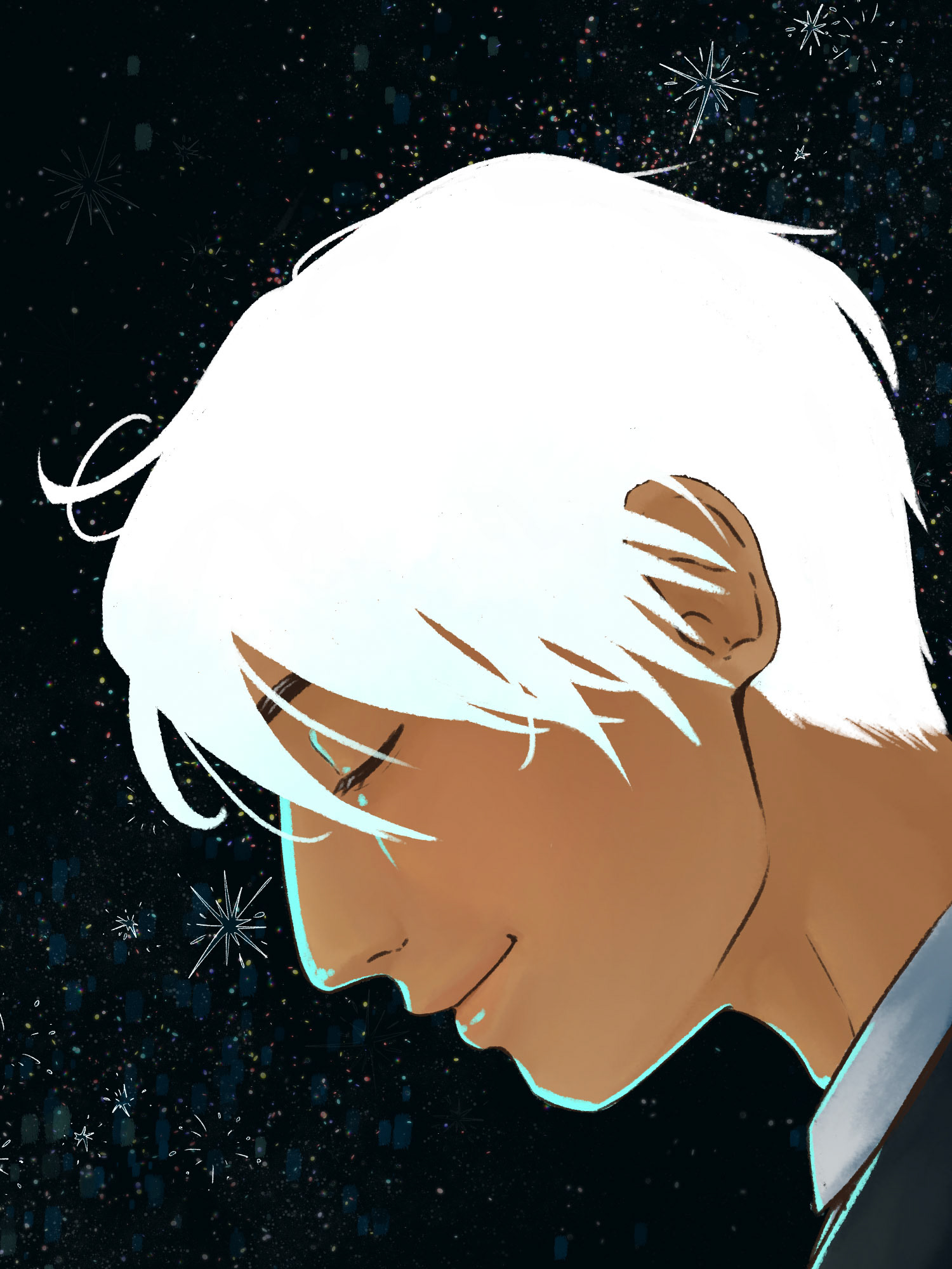 Starlight (Digital, 2025), Illustration of a man against a starry night sky. His hair is bright white, matching with the stars in the background.