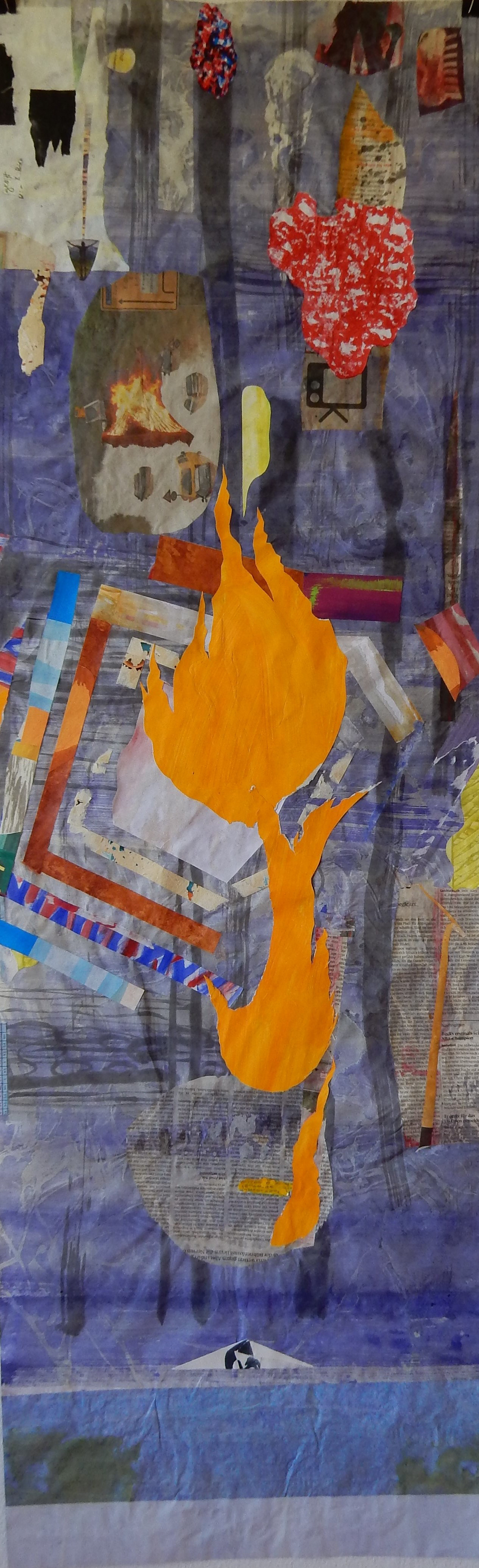 Feuer im Dach, 2021, Tinten, Tusche, Zeitungspapier, bemalte Papiere