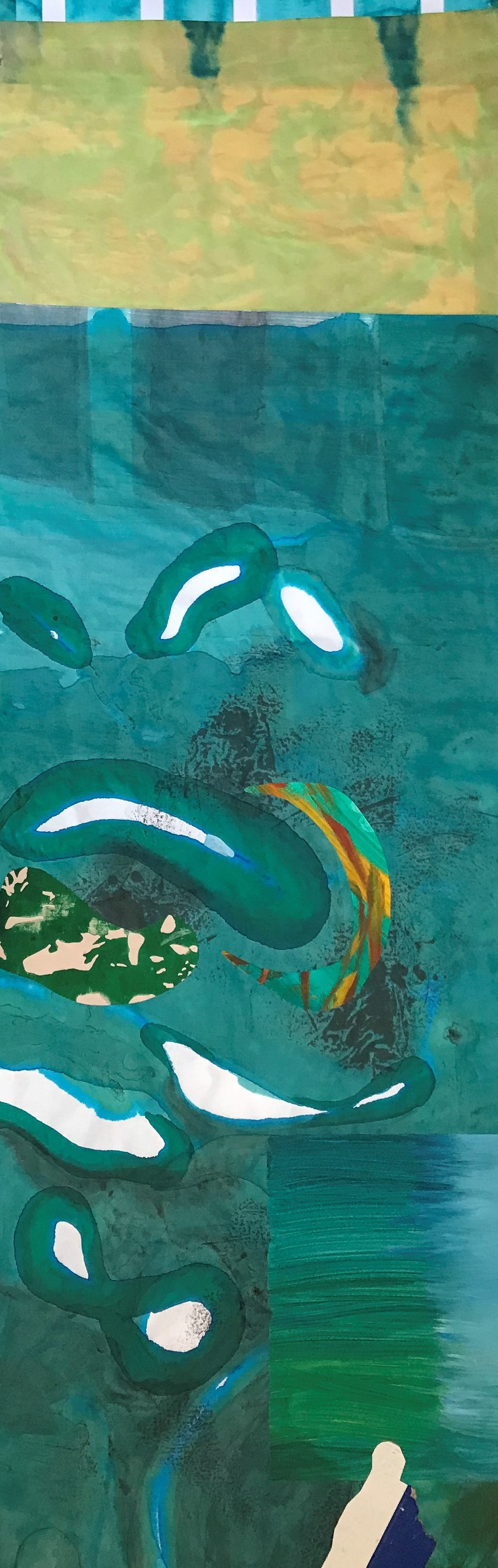 swirl 1, 2022, Tinte, Gouache und Linoldruck, Collage