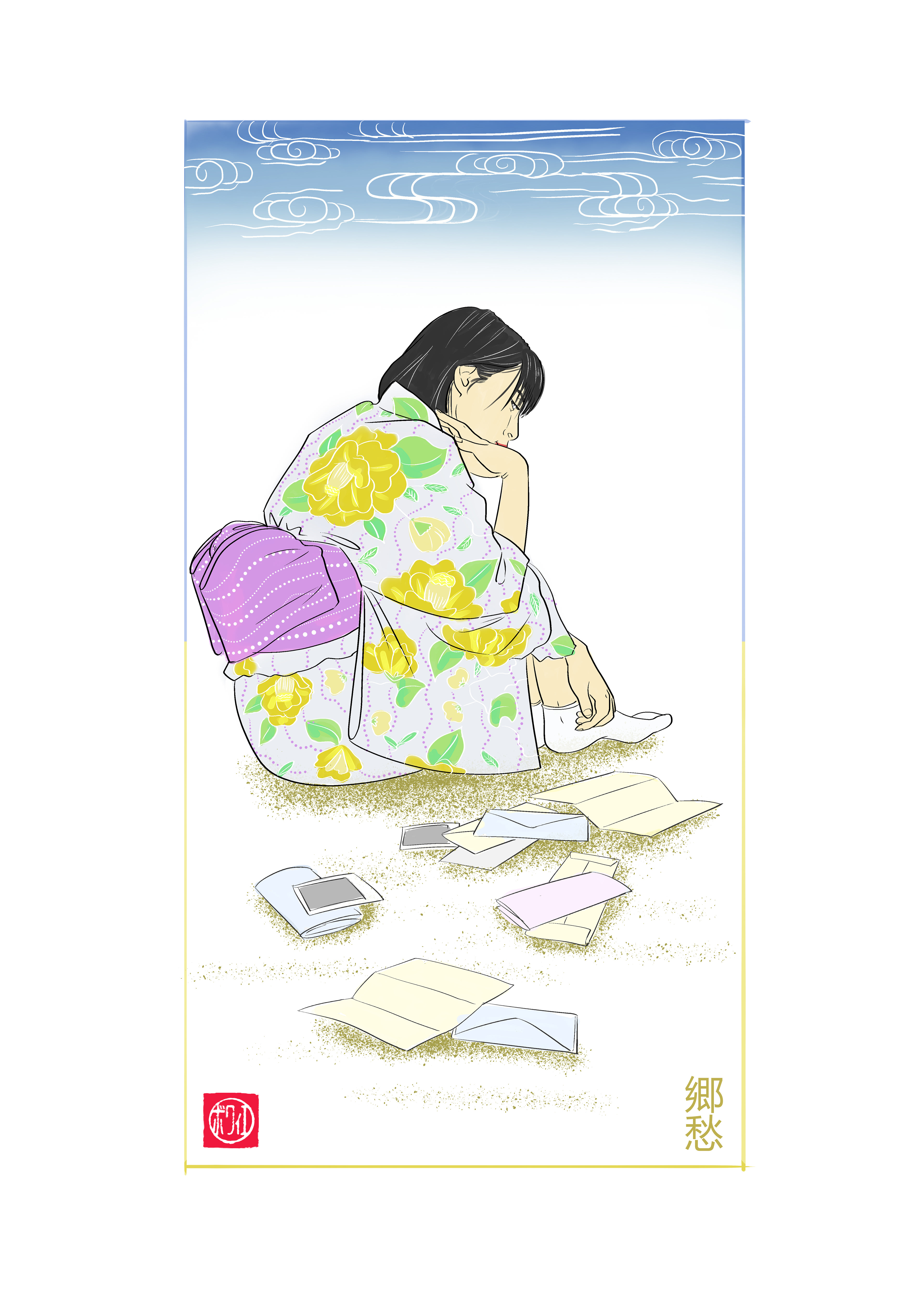 Kimono motif "camélia jaune" >> la nostagie