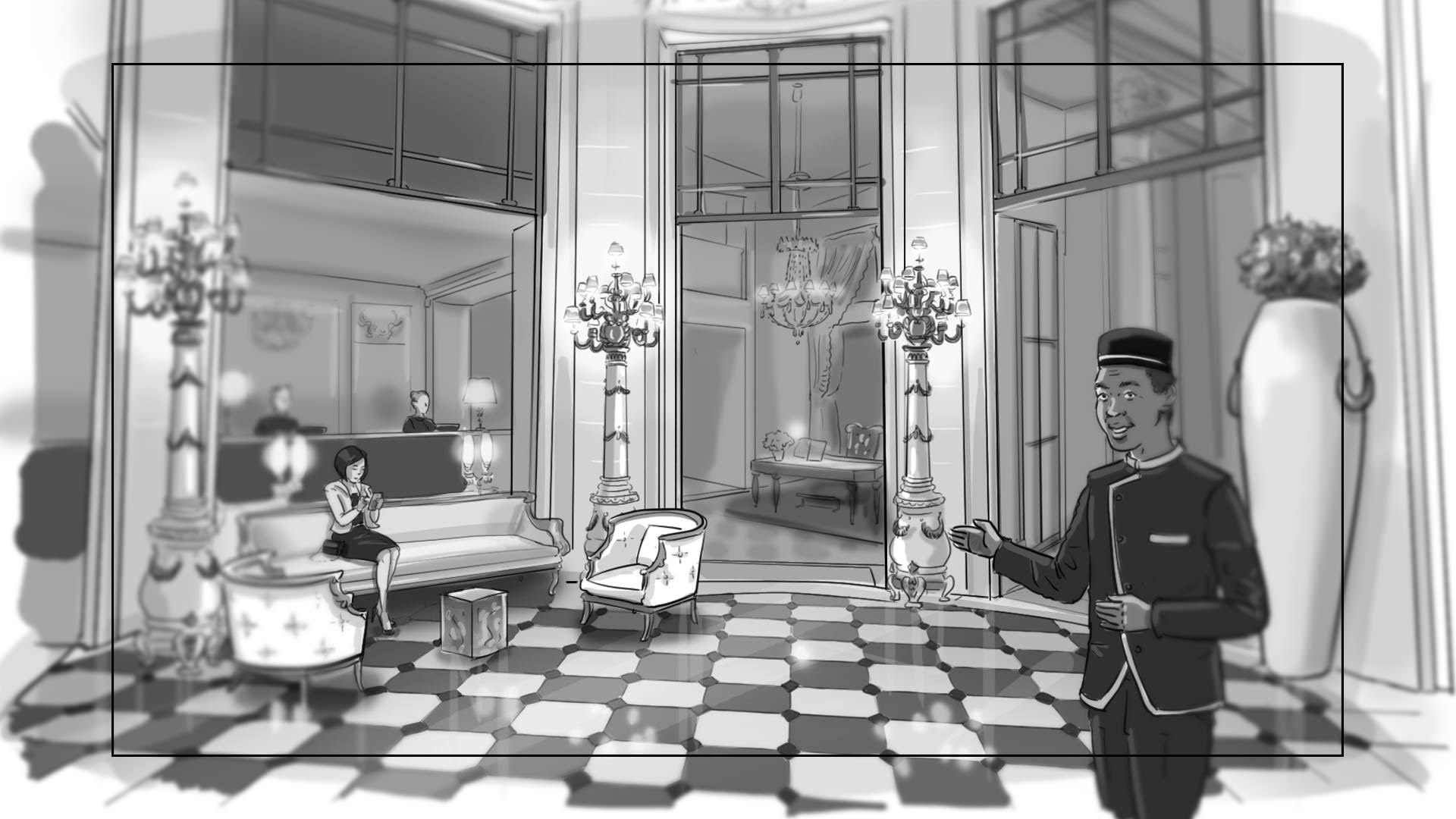 Storyboard N&B - rendu luxe - Palace entrée