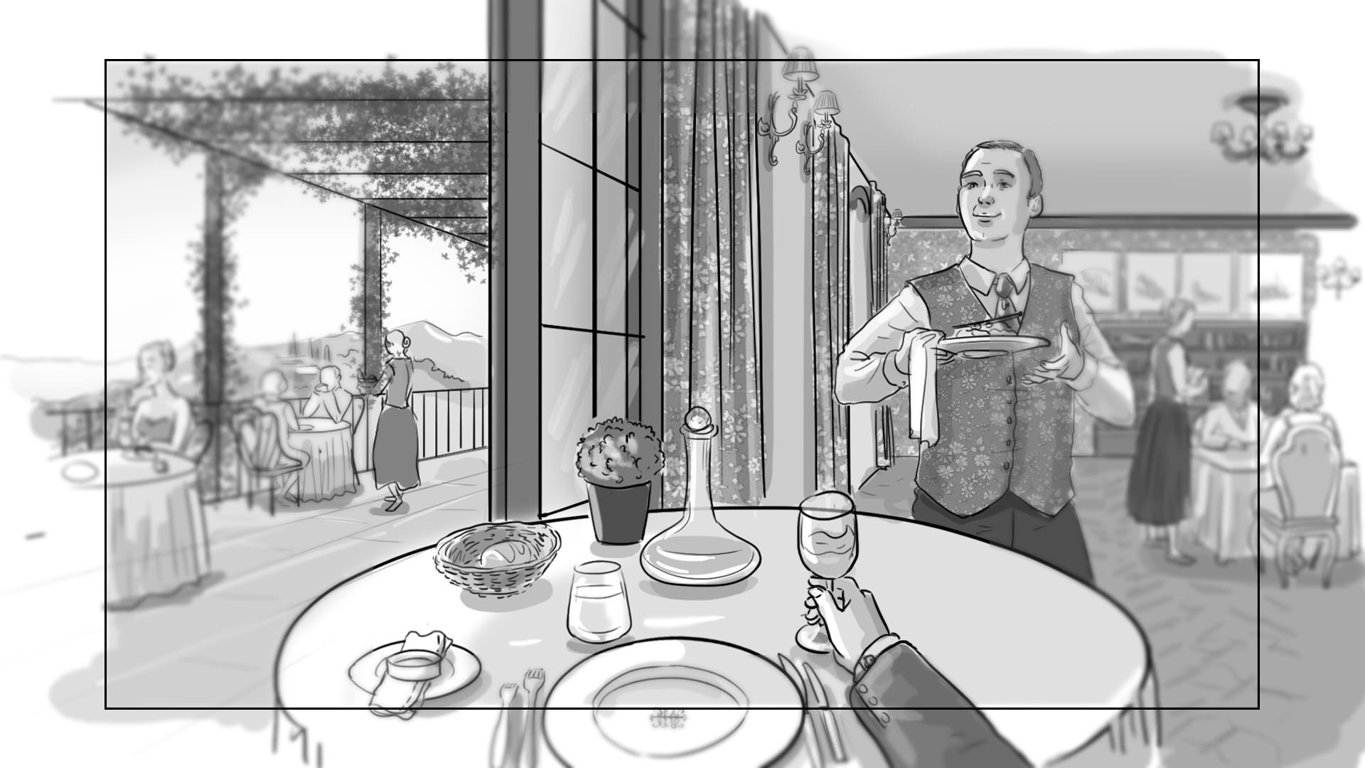 Storyboard N&B - rendu luxe - restaurant