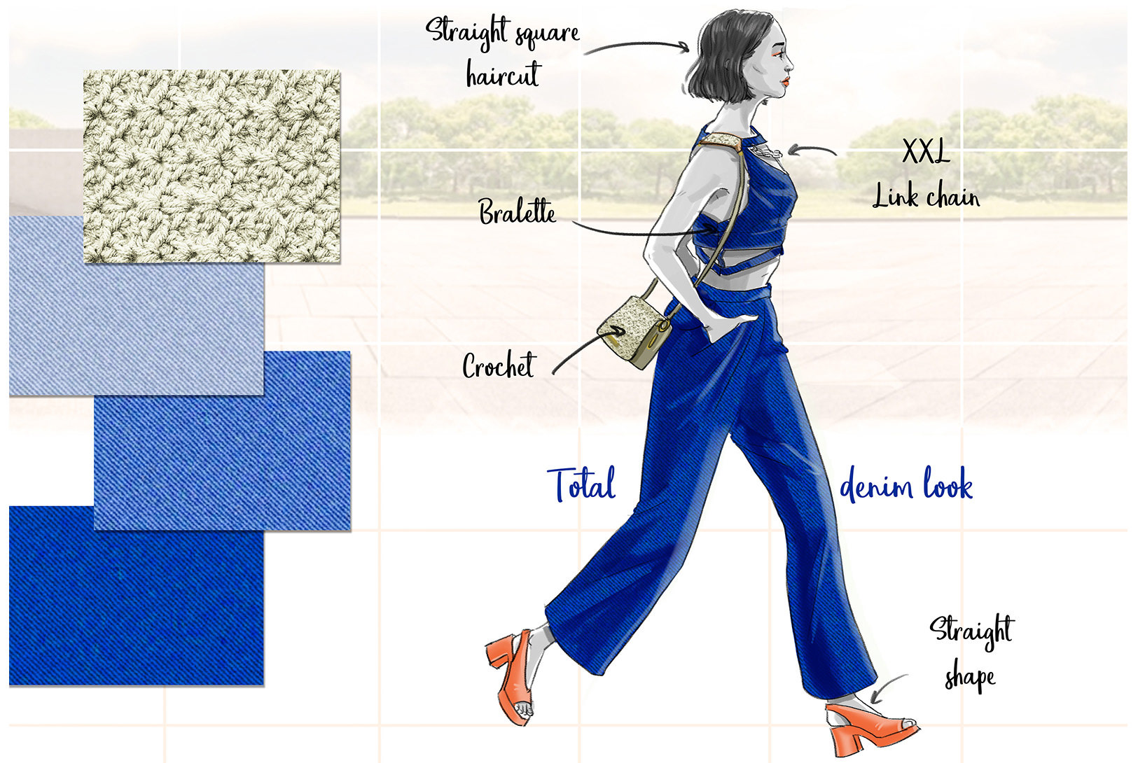 Illusration Trendbook - total denim look - crochet