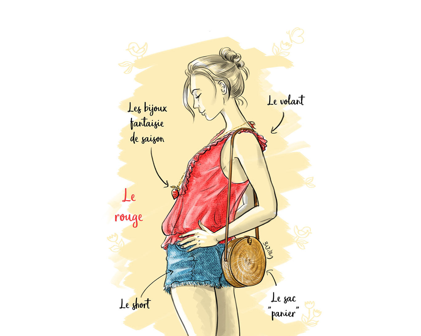 Illustration fashion - les volants - short - sac panier
