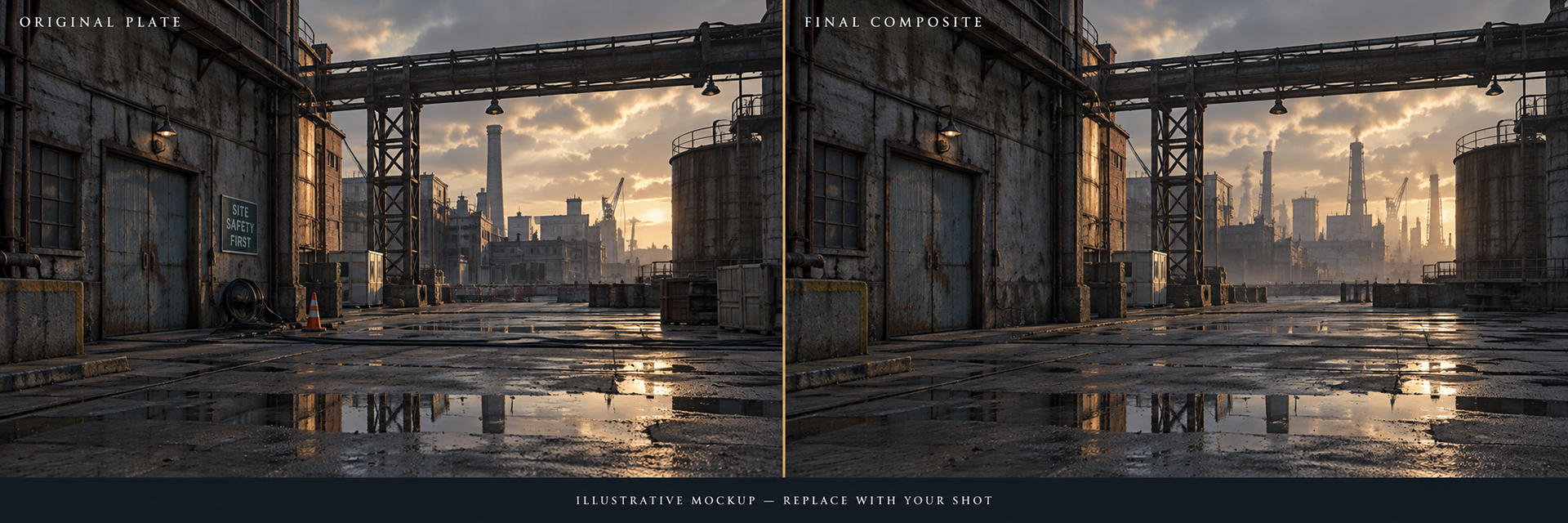 Compositing breakdown — explore shot breakdowns. Illustrative mockup.