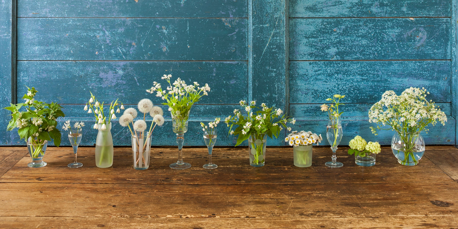Stilleven met witte bloemen in glazen vaasjes voor blauwe wand. Still life with white spring flowers in glass vases in front of blue wall.