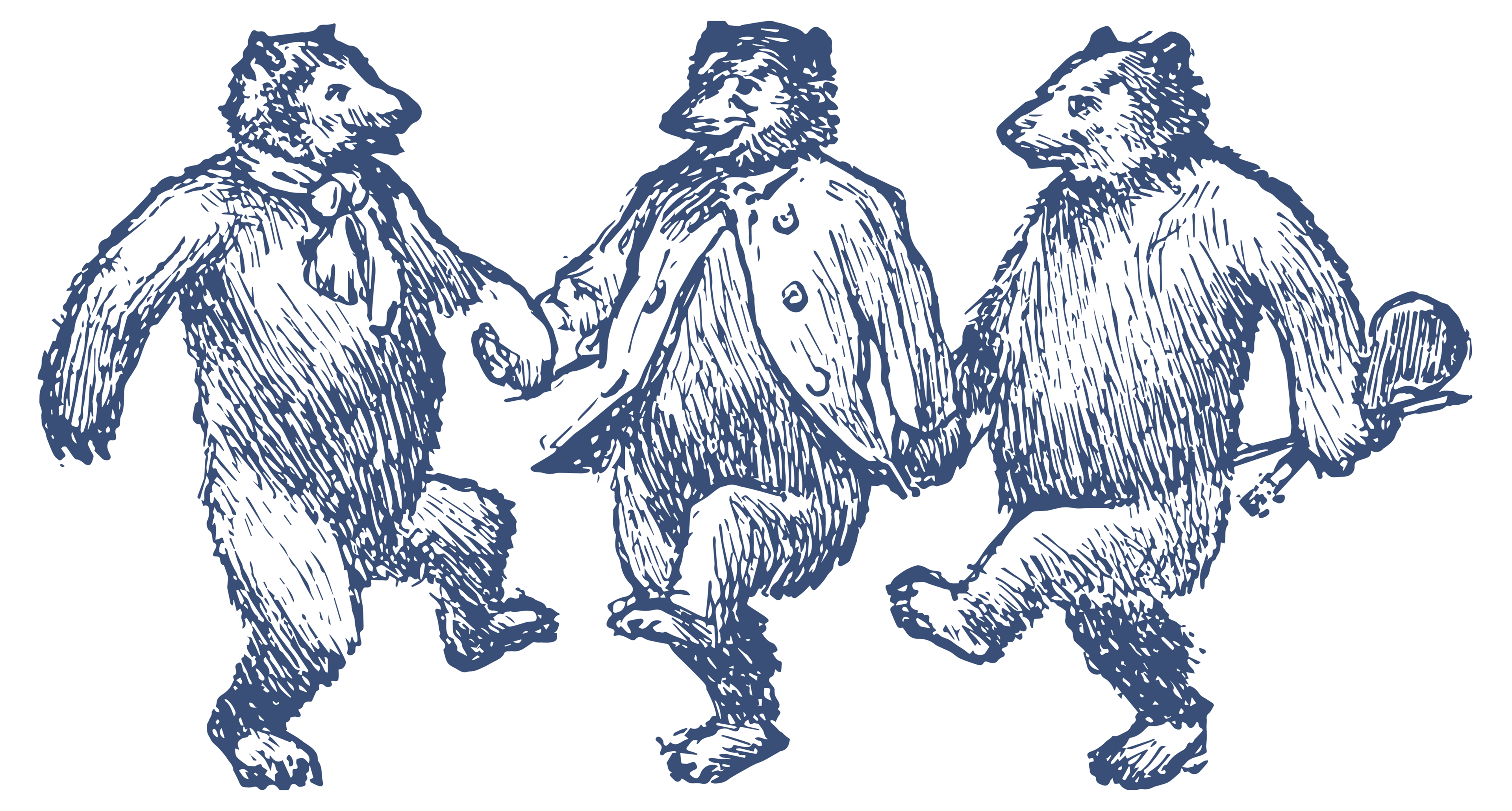 Three dancing bears one wearing a scarf, one wearing a coat and one holding a fiddle all in blue on cream background