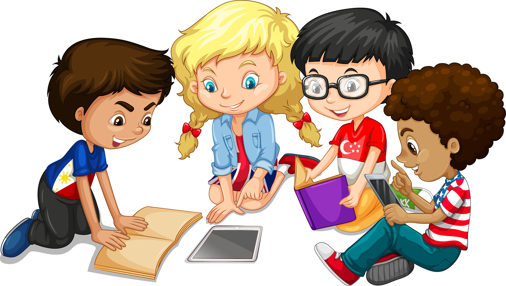 a group of four children, three boys with dark hair one wearing a Philippines t-shirt, one wearing a Turkish t-shirt who is also wearing spectacles and one wearing a USA flag T-shirt and a girl with blonde hair wearing a blue long sleeved shirt and British flag dress her hair is in pigtails. All four children are sat on the floor sharing books and an iPad 