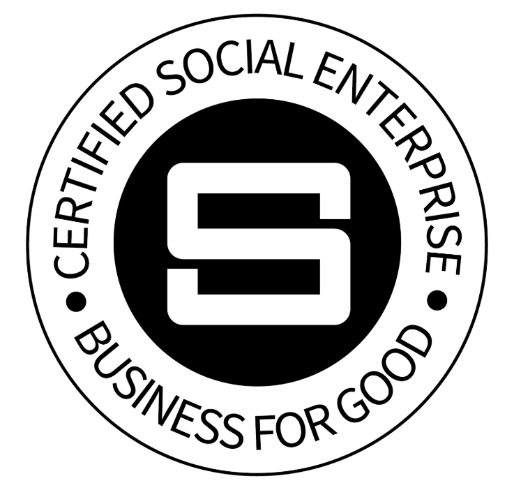 Badge showing Shakespeare at home is a certified social enterprise and a business for good by see the badge is black font on a white background with a black centre with a white letter s.The badge is circular.