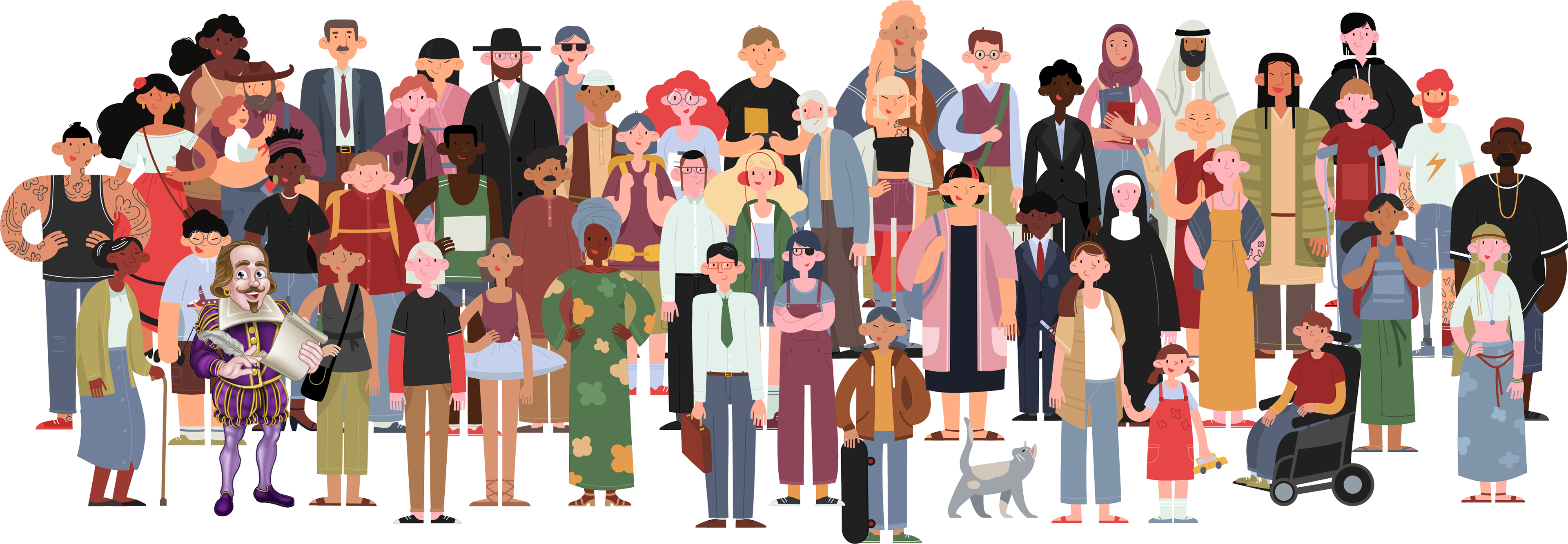 A full colour illustration depicting multiracial and diverse people from all backgrounds. A cartoon of William Shakespeare dressed in purple breeches and holding parchment is on the front front of the five rows of people. 