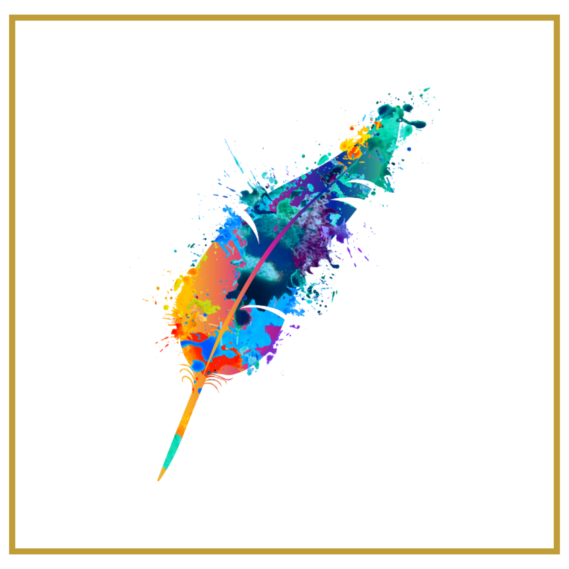 a multicoloured quill with splashes of paint in a gold framed boarder
