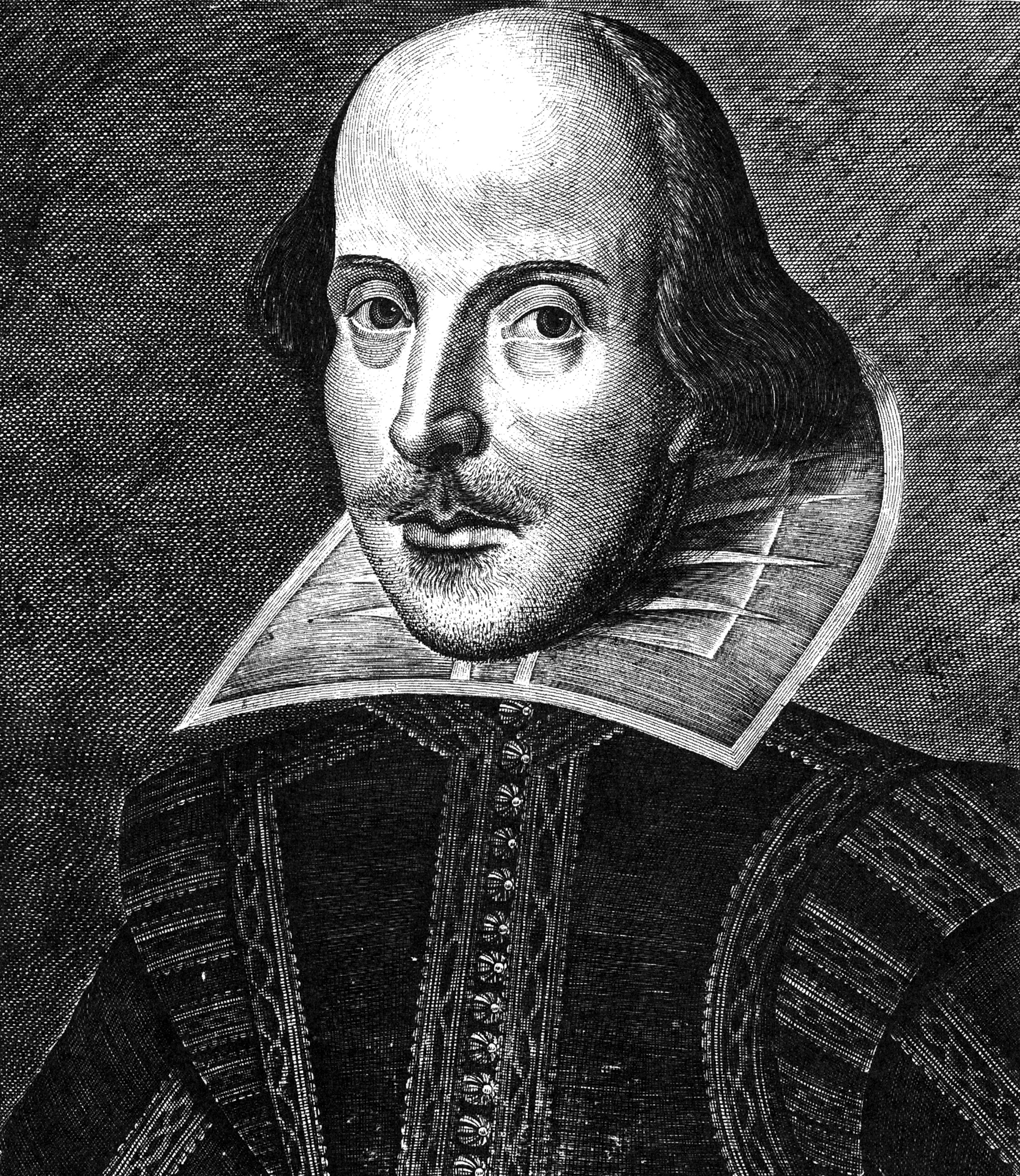 black and white engraving of William Shakespeare from the First Folio published in 1623