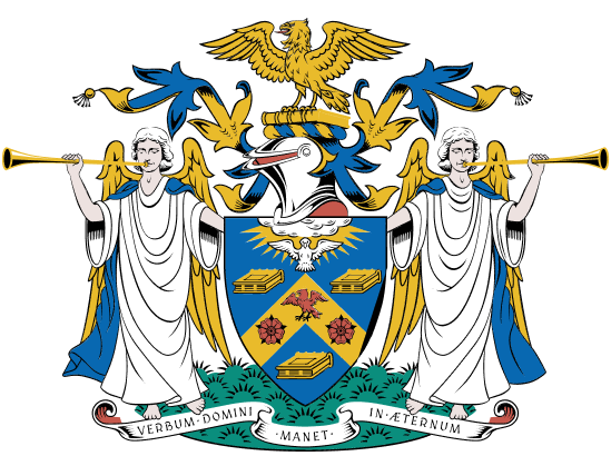 Coat of Arms of The Stationers' Company: featuring two angels holding trumpets, a shield with a dove, books, a bird, and roses, topped by an eagle on book a helmet and banner with Latin text.