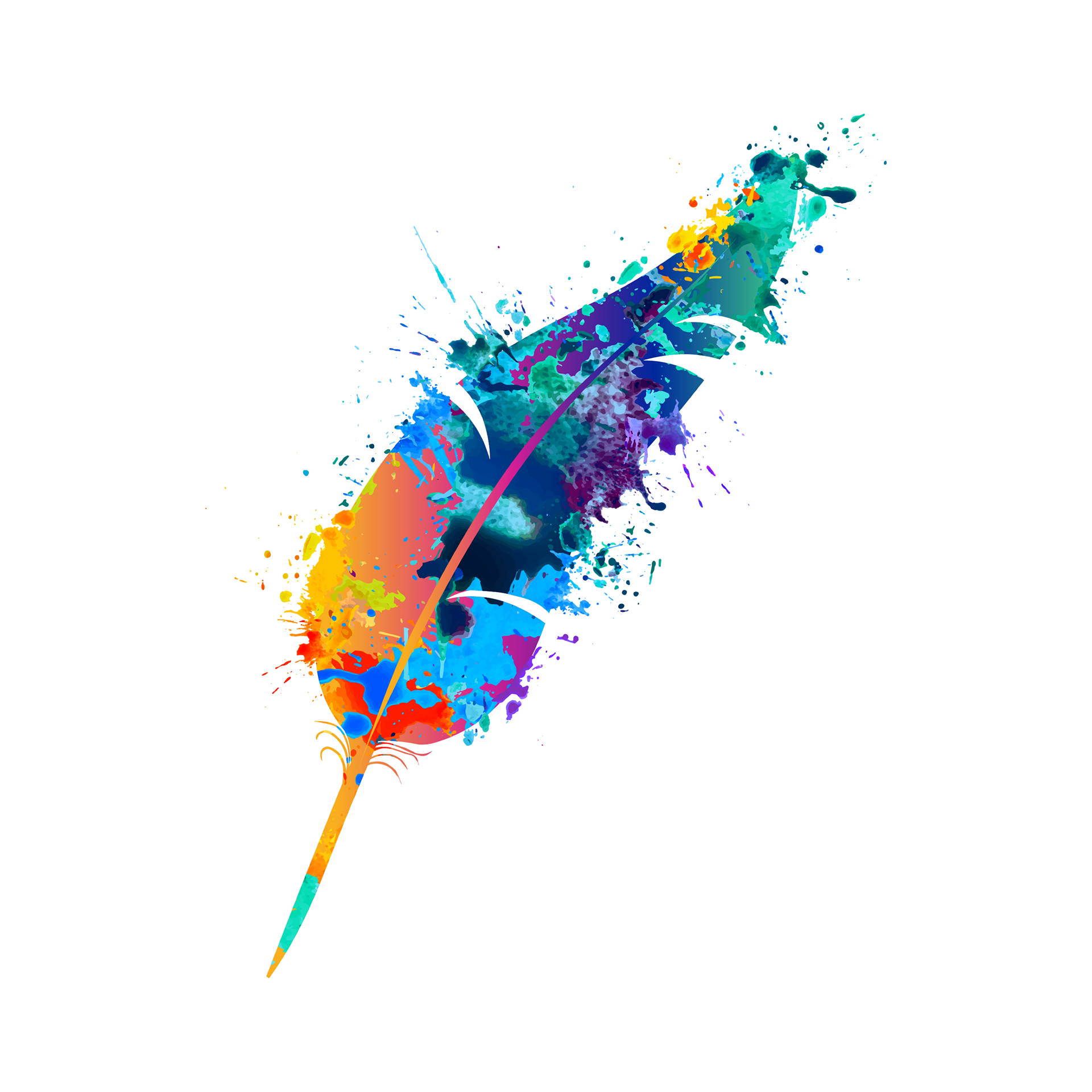 An illustration of a quill in bright multiple colours  with paint splatters around the edges of the quill.